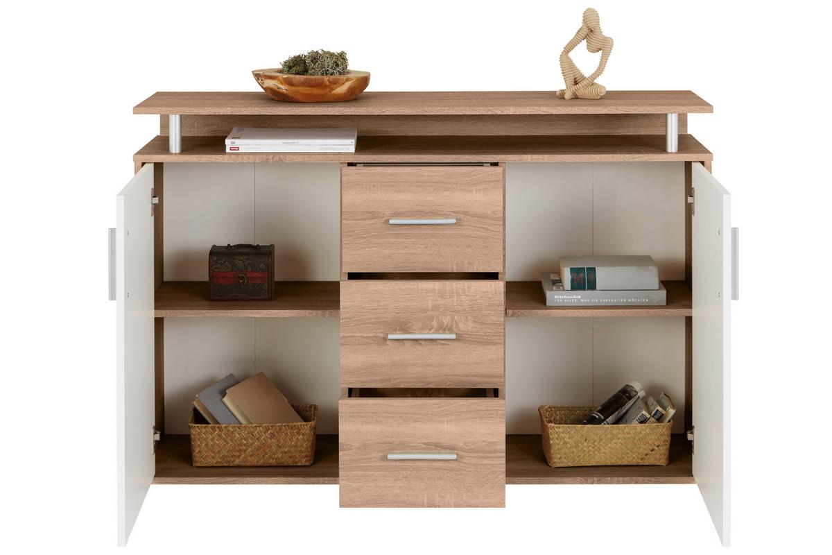 Comodă DRIFT - alb/culoare lemn stejar, Modern, material pe bază de lemn (132/88/34,6cm) - Modern Living