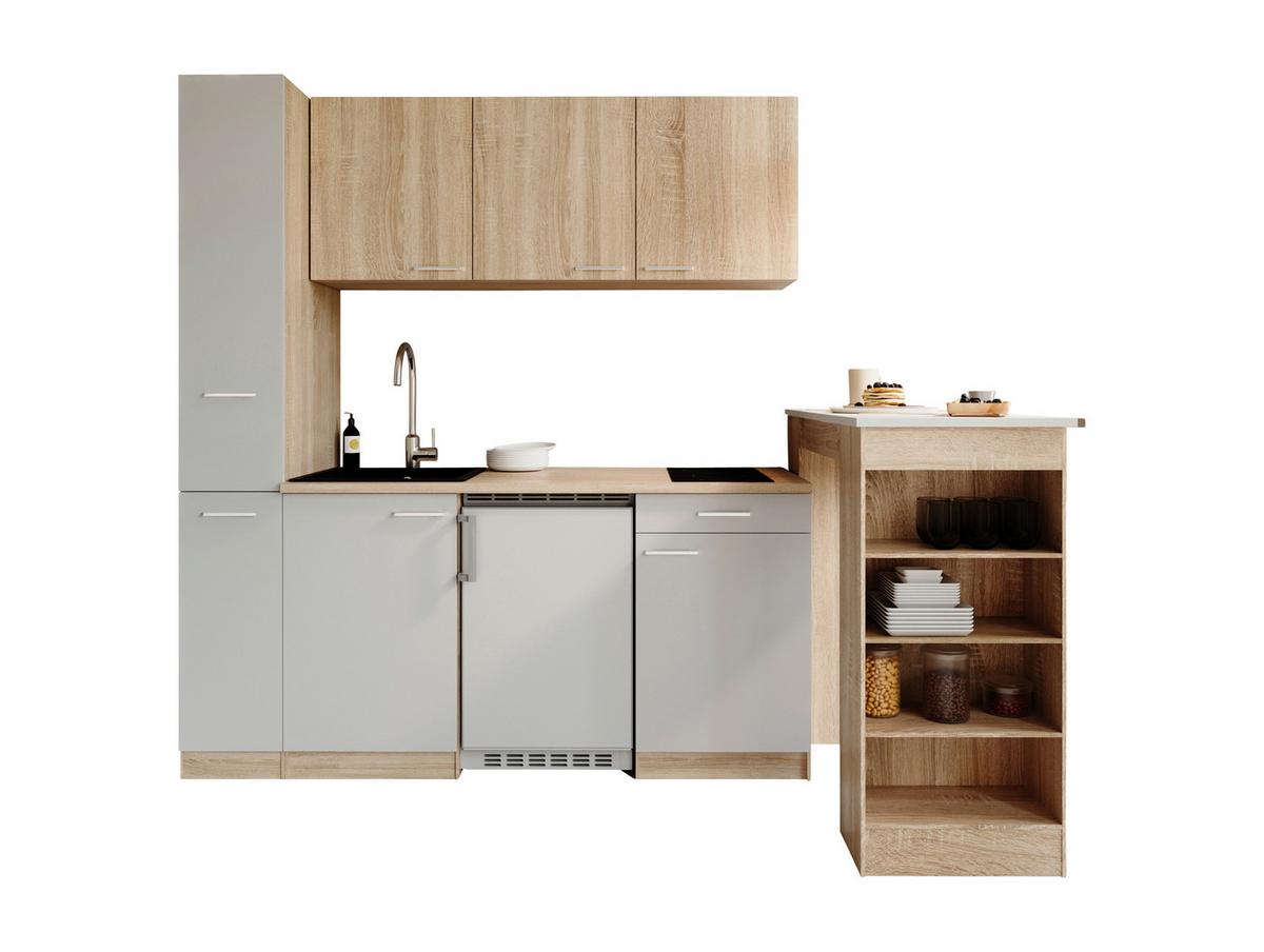 Küchenblock Ingrid m. Geräten Weiß - Eichefarben/Alufarben, Design, Holzwerkstoff/Kunststoff (180cm) - Respekta