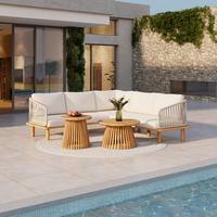 Loungegarnitur Mara Holz Outdoorstoff/Metall +Abdeckung - Creme/Teakfarben, MODERN, Holz/Textil (190/62,5/70cm) - Bessagi Garden
