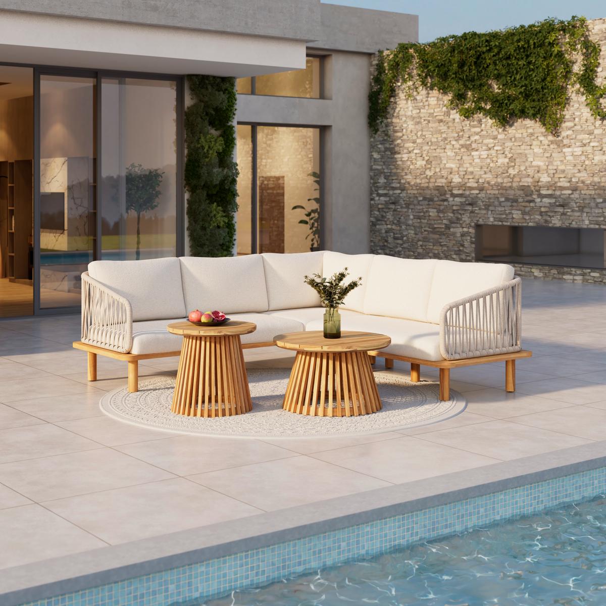 Loungegarnitur Mara Holz Outdoorstoff/Metall +Abdeckung - Creme/Teakfarben, MODERN, Holz/Textil (190/62,5/70cm) - Bessagi Garden