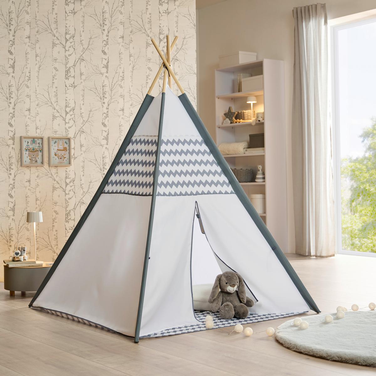 NAMIOT DO ZABAWY TIPI TIMO - jasnoszary/biały, Basics, drewno/tkanina (120/150/120cm) - My Baby Lou