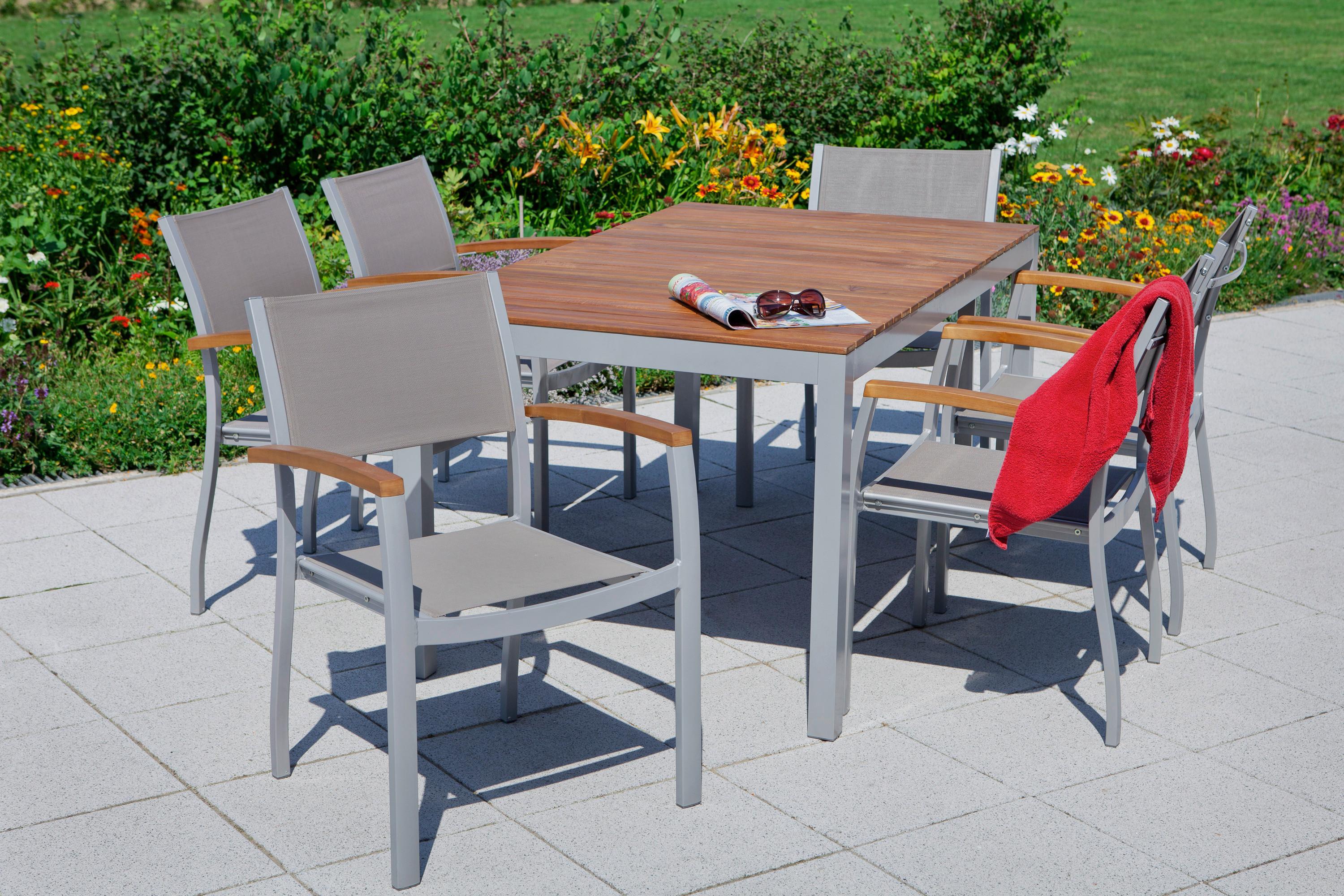 Gartentischgruppe Naxos 7-tlg. Grau/Akaziefarben - Silberfarben/Grau, ROMANTIK / LANDHAUS, Holz/Textil - Gardenson