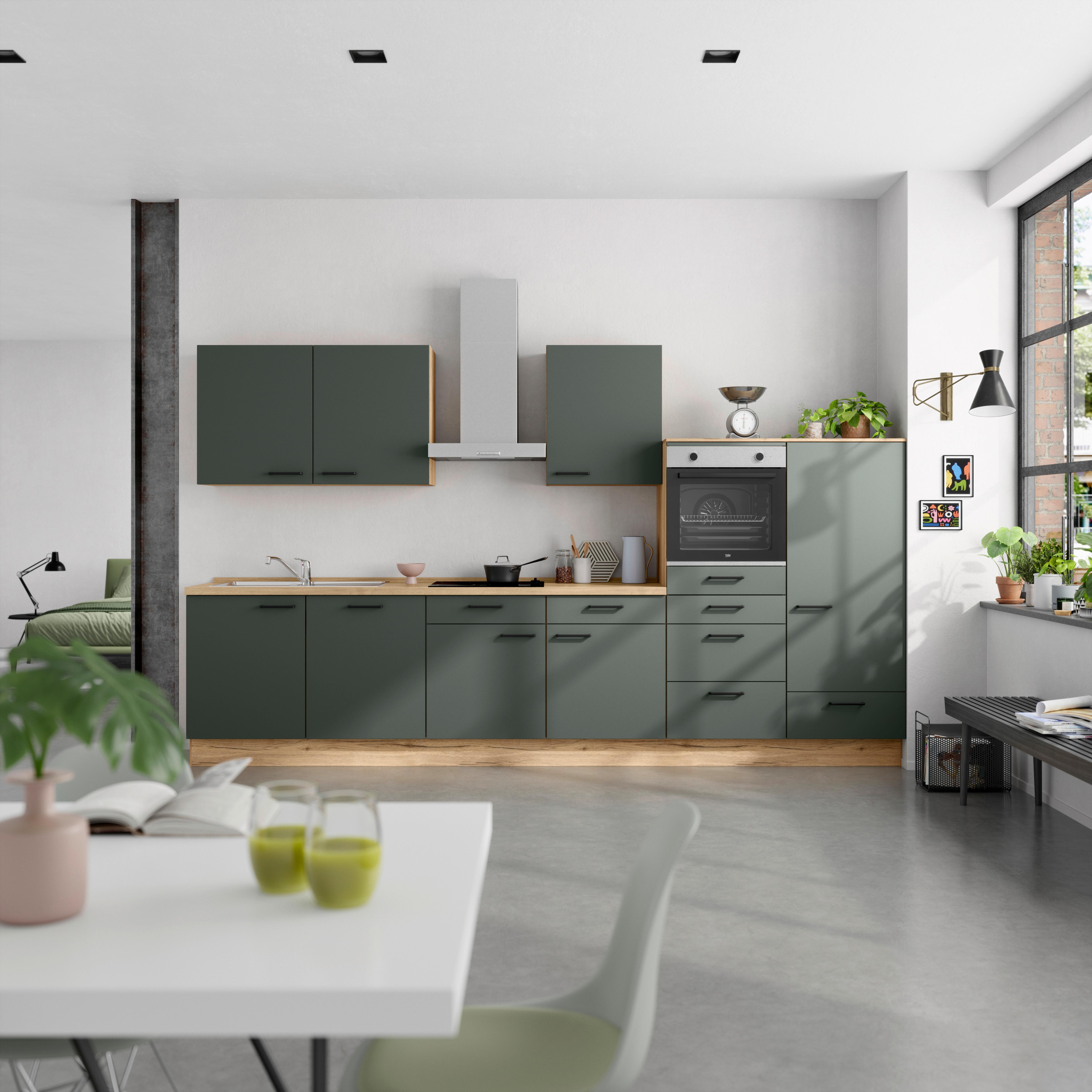 Küchenblock Touch Low m. Geräten Dunkelgrün - Dunkelgrün/Eichefarben, MODERN, Holzwerkstoff/Metall (360cm) - Nobilia