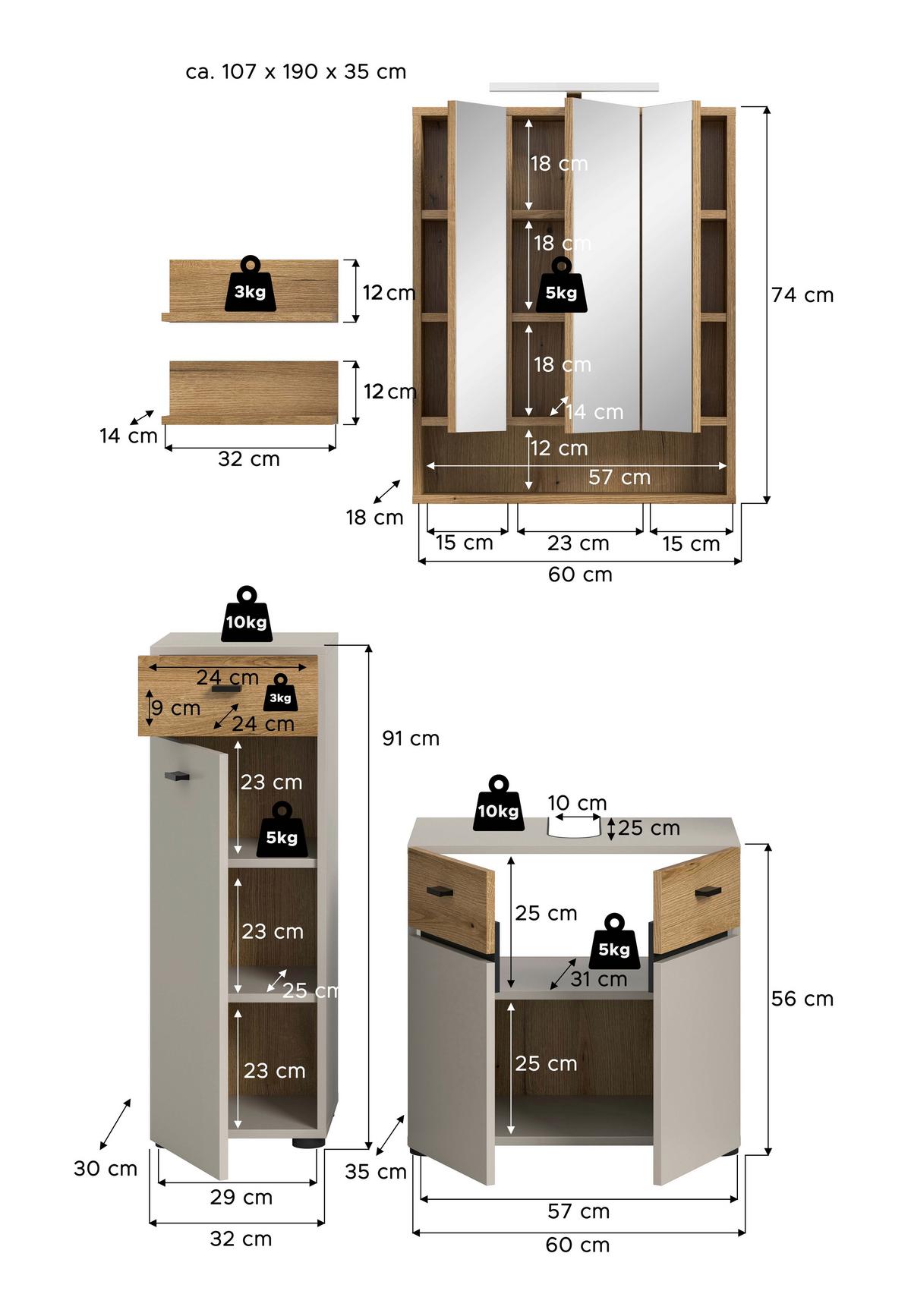 Badezimmer Aqua Eichefarben/Kaschmir - Kaschmir/Eichefarben, Trend, Glas/Holzwerkstoff (92cm) - MID.YOU