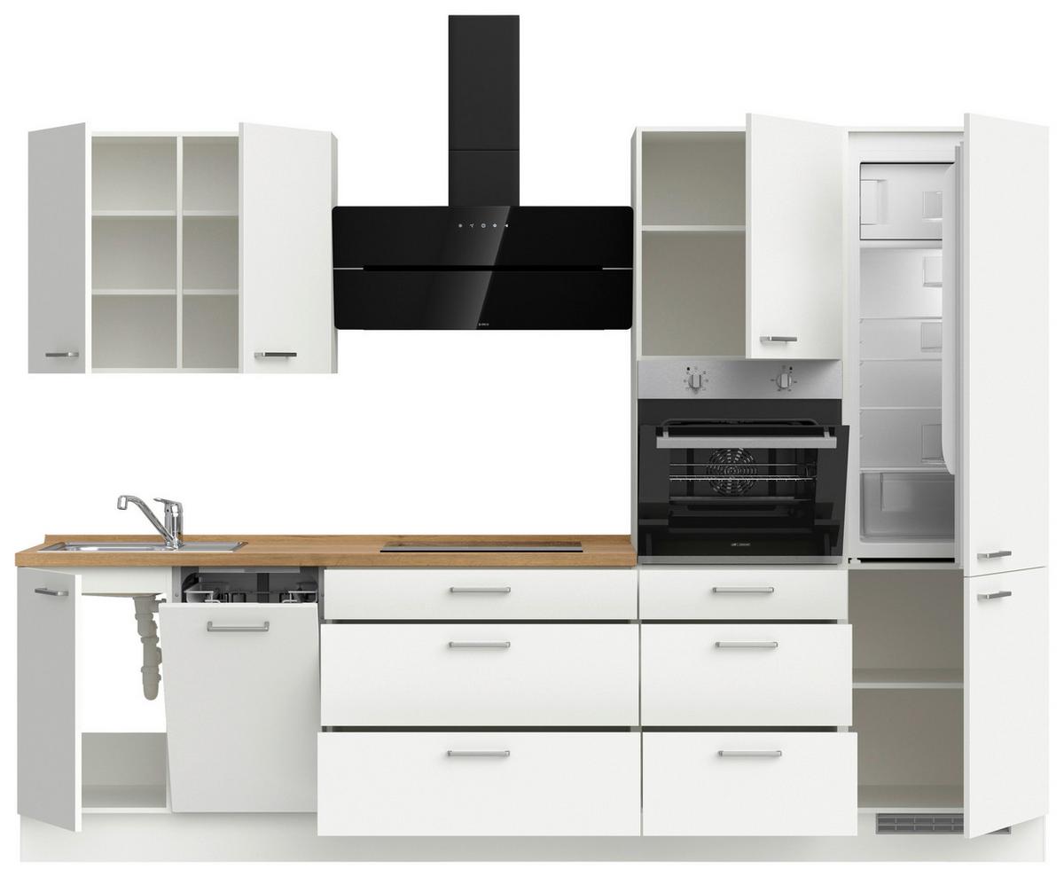 Küchenblock Touch High m. Geräten Weiß - Edelstahlfarben/Eichefarben, MODERN, Holzwerkstoff/Metall (300cm) - Nobilia