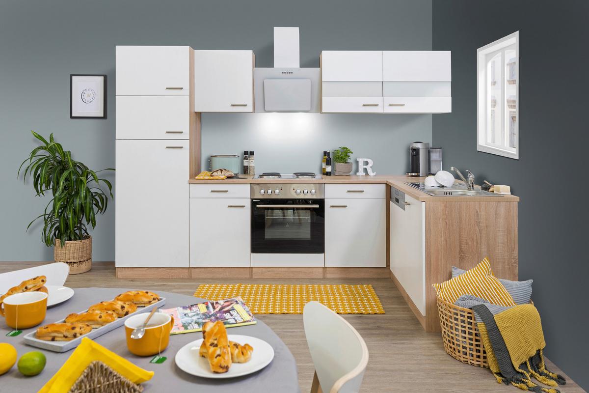 Eckküche Economy Weiß/Eiche mit Geräte ca. 172x280 cm - Eichefarben/Eschefarben, Basics, Glas/Holzwerkstoff (280/172cm) - Respekta