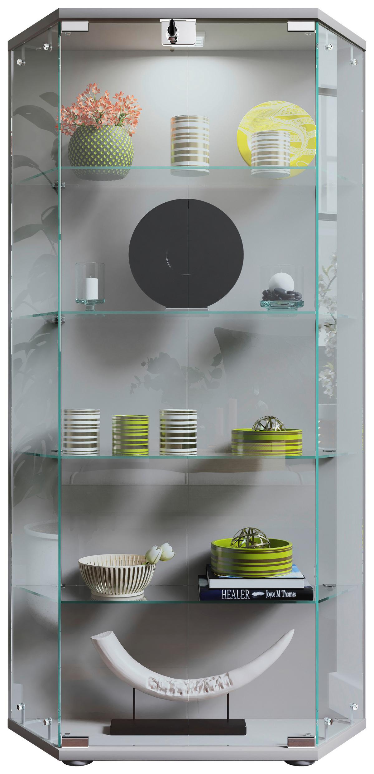 Vitrina Cenila L, Srebrna - srebrne barve/črna, Design, umetna masa/steklo (83/114/17cm) - MID.YOU