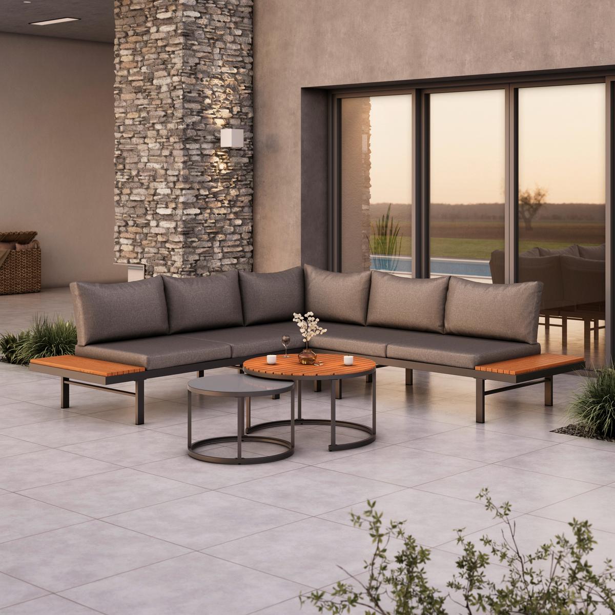 Lounge Garnitura Zürich, Akacija, Kovina, 4-Delno - siva/naravne barve, Moderno, kovina/steklo (261/261cm) - Beldano