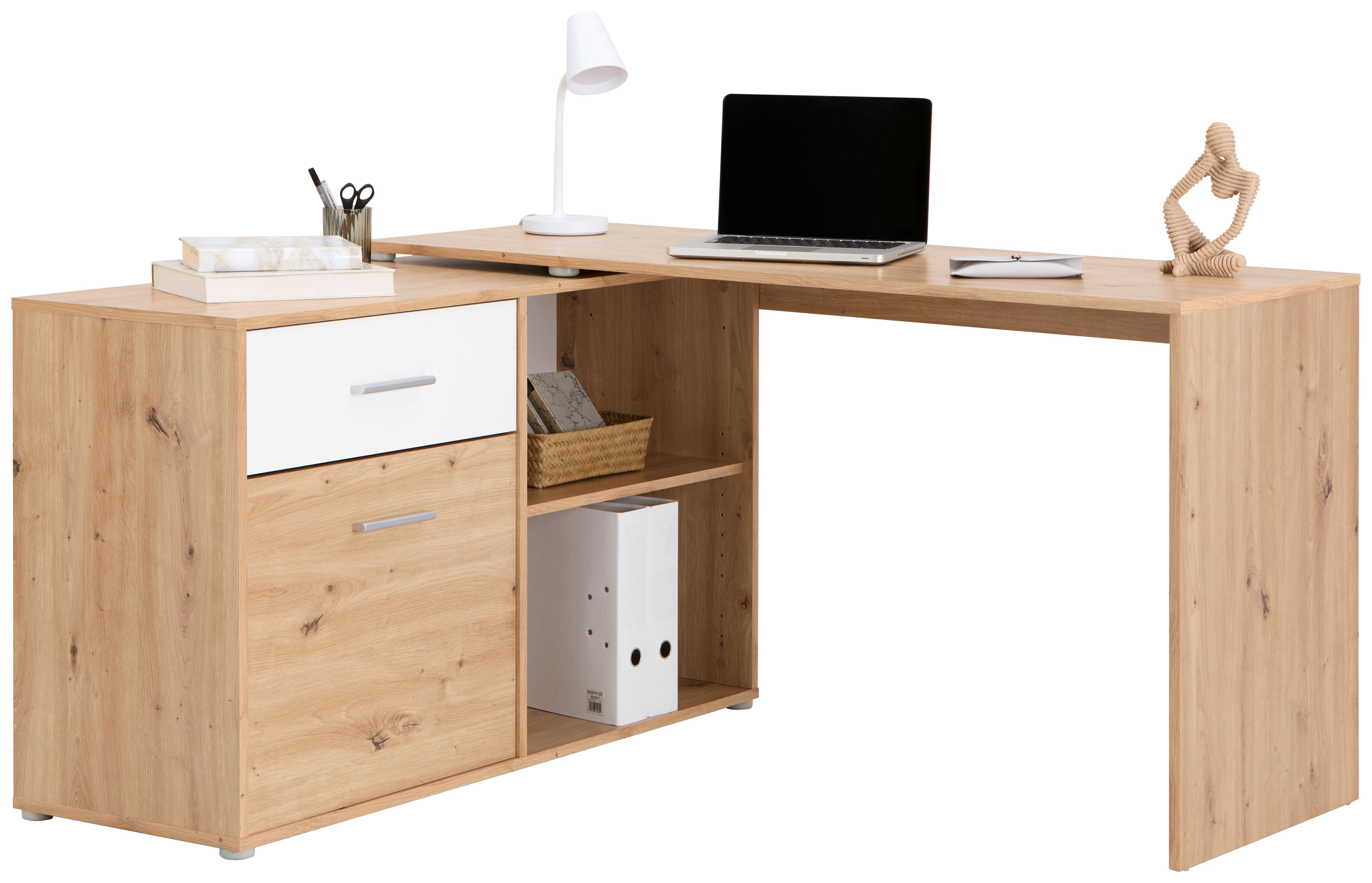 Kotna Pisalna Miza Prag 138 - bela/barve aluminija, Moderno, umetna masa/leseni material (138/74/50cm)