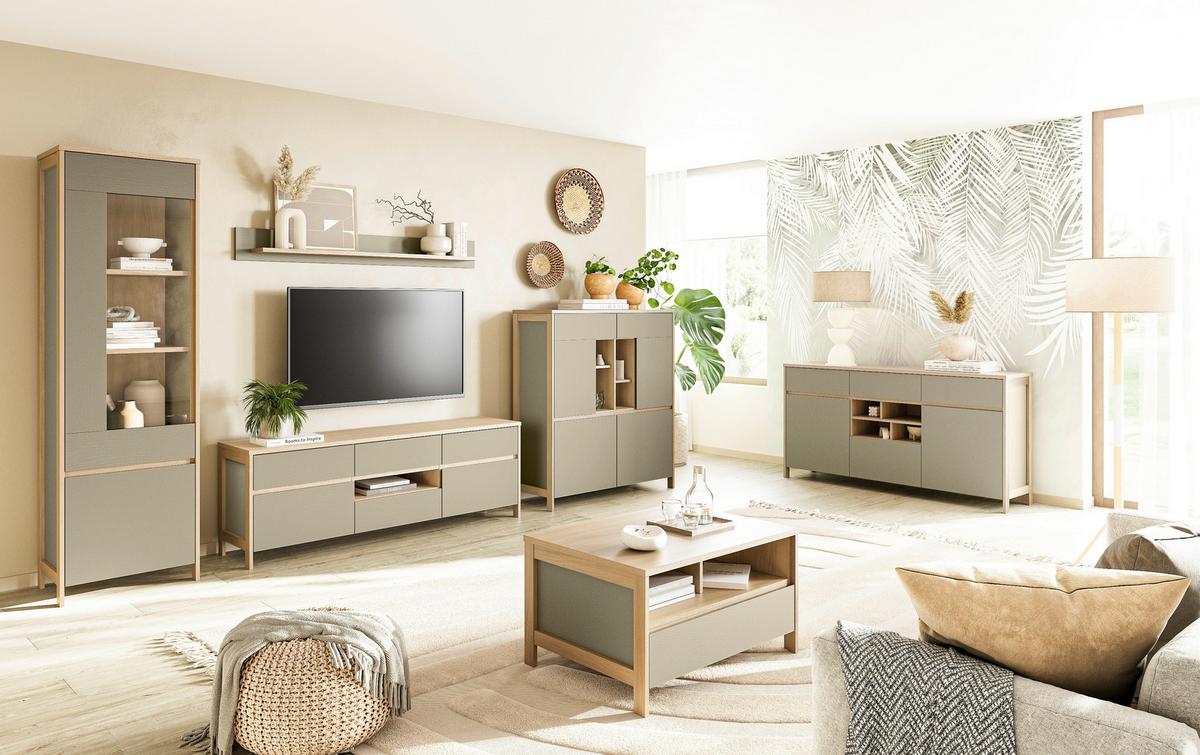 Wohnwand Stranda Eukalyptusholzfarben - Eukalyptusholzfarben/Eichefarben, Design, Holzwerkstoff (363/195/39cm) - MID.YOU