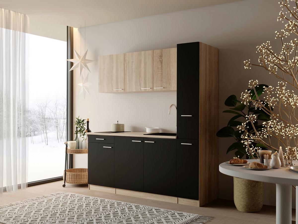 Küchenblock Ingrid m. Gerät Schwarz - Eichefarben/Schwarz, Design, Holzwerkstoff/Kunststoff (180cm) - Respekta