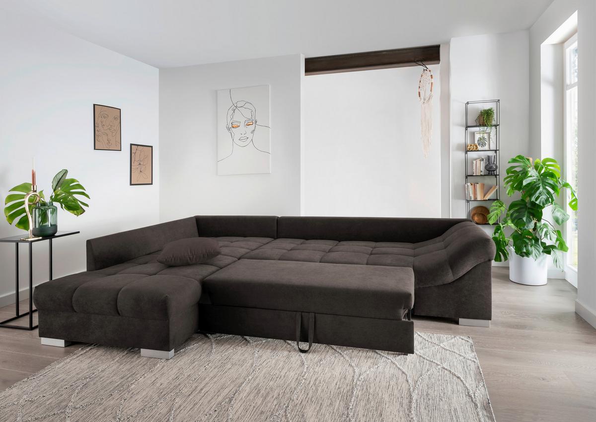 Wohnlandschaft Alvito Dunkelbraun Nylon/Mikrofaser - Dunkelbraun/Silberfarben, Design, Holz/Textil (202/298cm) - MID.YOU