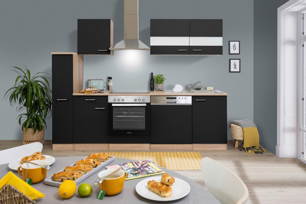 Küchenblock Merle mit Geräten ca. 250 cm Schwarz/Eiche - Edelstahlfarben/Eichefarben, Basics, Holzwerkstoff/Metall (250cm) - Respekta