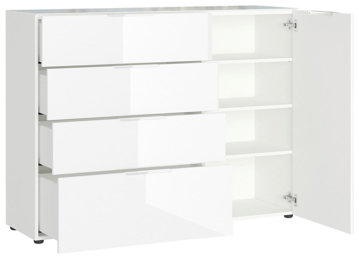 sideboard in Weiss - couleur chromée/noir, Modern, verre/métal (134/102/42cm) - Premium Living