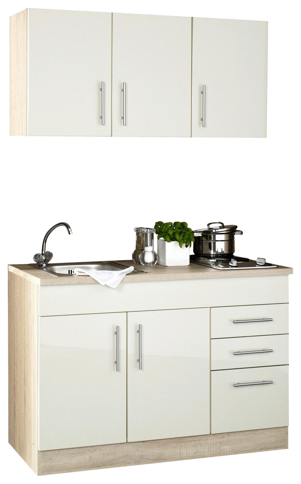 Miniküche Toronto B: ca. 120cm Creme/Eichefarben - Chromfarben/Eichefarben, MODERN, Holzwerkstoff/Metall (120cm) - Held