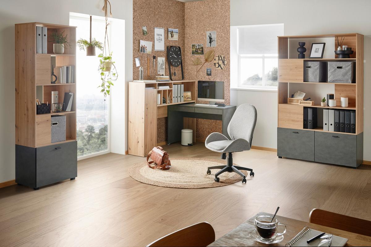 Schreibtischkombination in Dunkelgrau/Eiche - Dunkelgrau/Eiche Artisan, MODERN, Holzwerkstoff (153,8/118,6/33,2-54,5cm) - Mömax