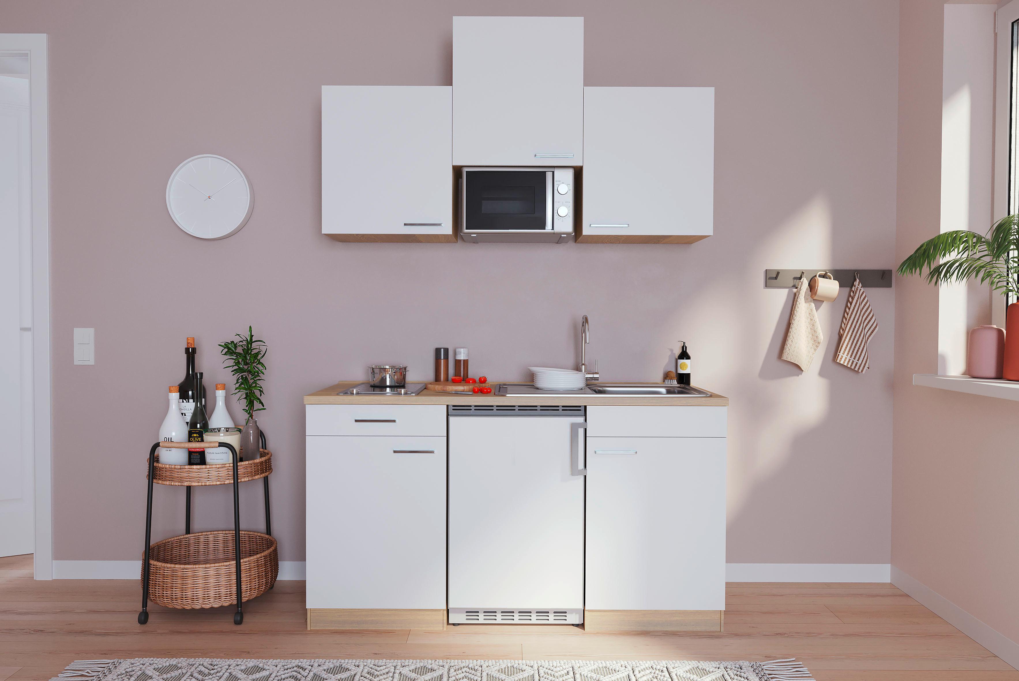 Miniküche Economy m. Geräten B: ca. 150cm Weiß - Eichefarben/Weiß, Basics, Holzwerkstoff (150cm) - Respekta