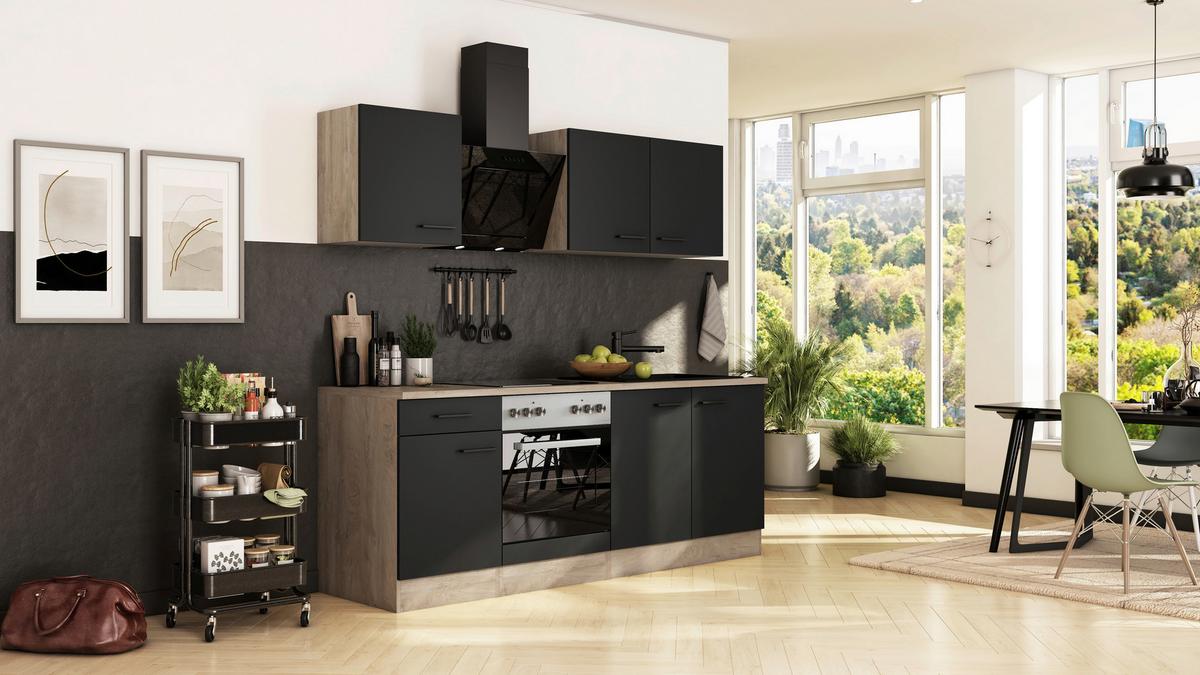 Kuhinjski Blok Z Aparati Capri, Črna, Barva Hrasta - črna/barve hrasta, Basics, kovina/leseni material (210cm) - FlexWell