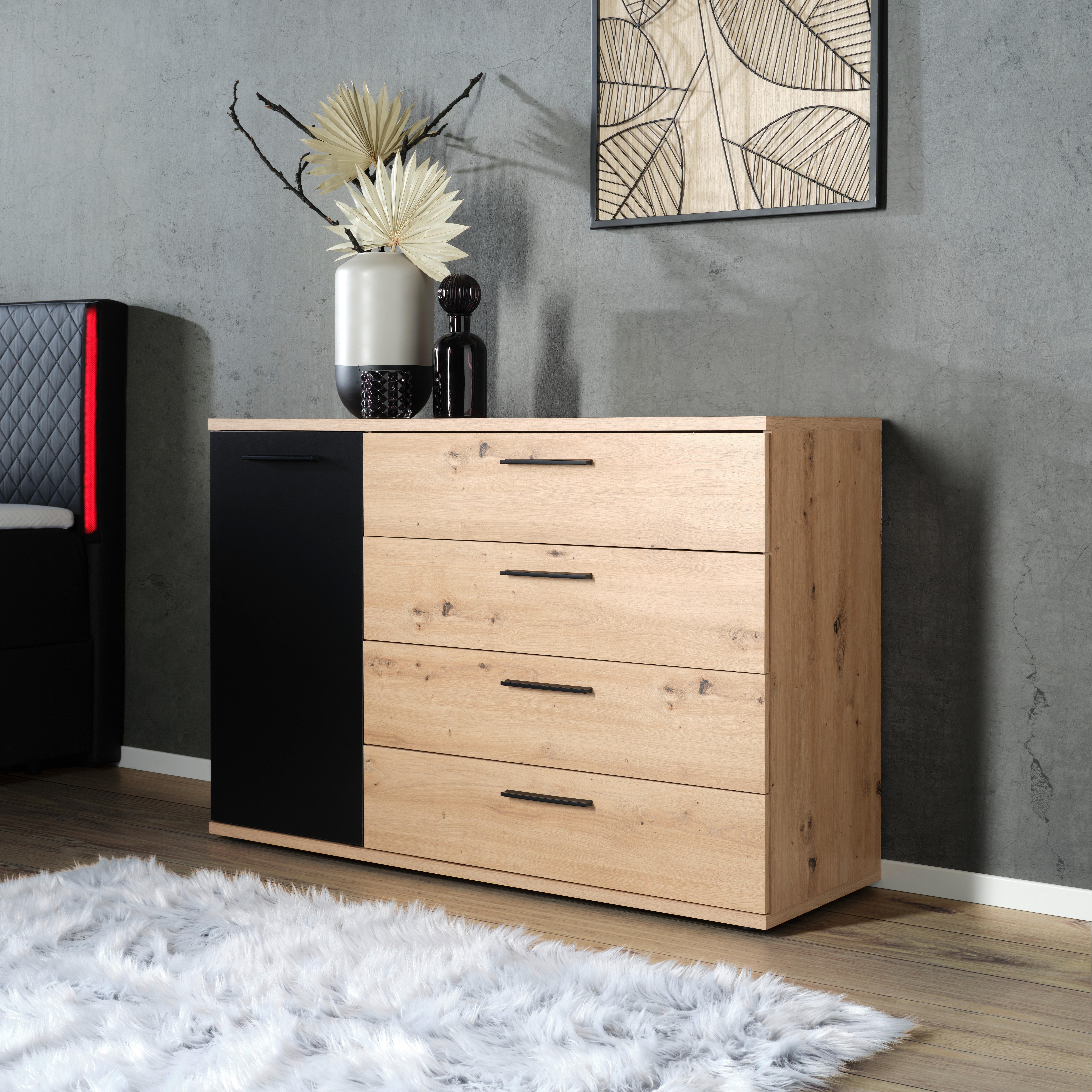 Kommode in Schwarz/Eichefarben - Eichefarben/Schwarz, KONVENTIONELL, Holzwerkstoff/Kunststoff (124,9/83,1/41,3cm) - Mömax