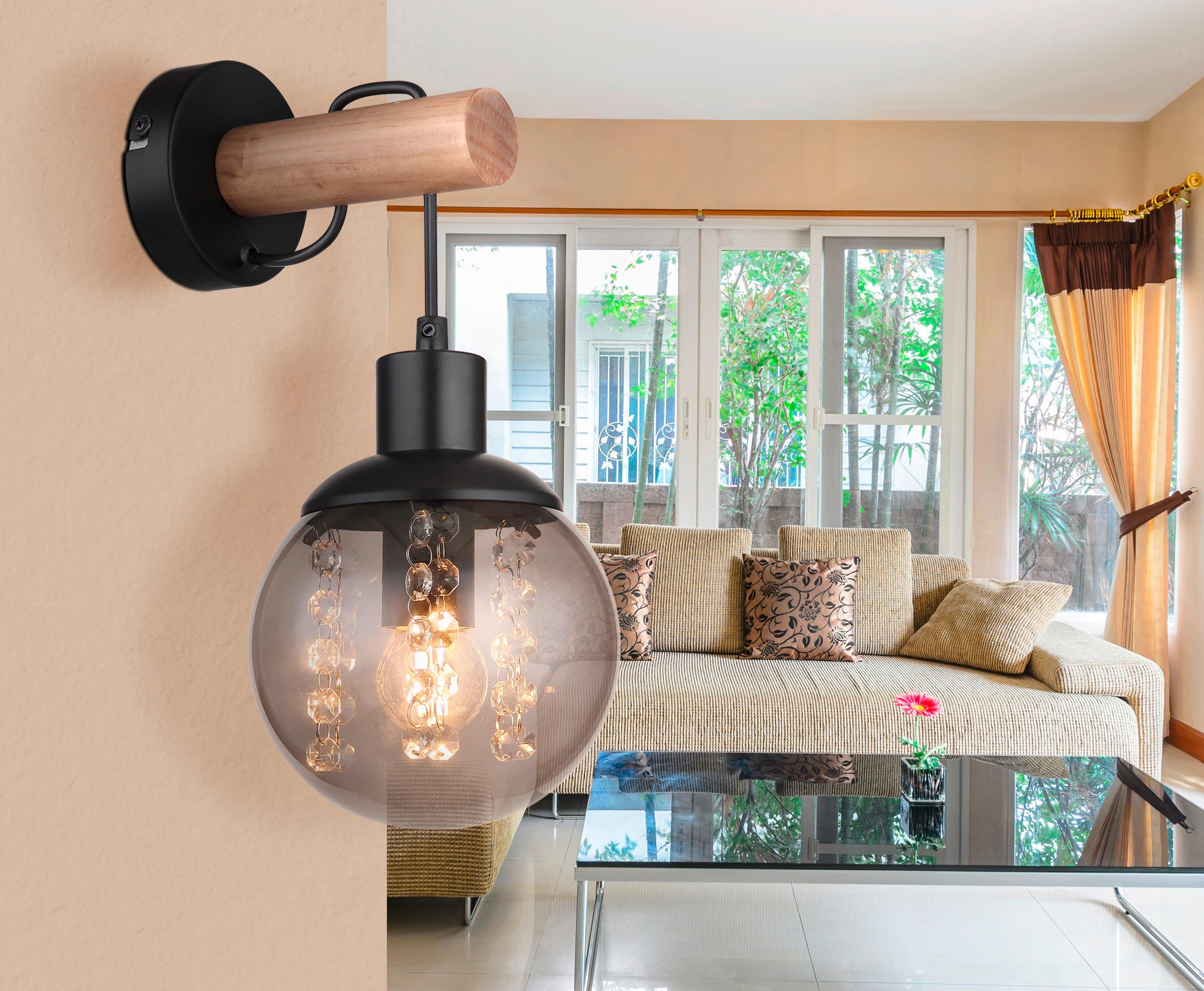 Wandleuchte Richard Klar/Naturfarben max. 25 Watt - Klar/Naturfarben, Natur, Glas/Holz (15/18/30cm) - Globo