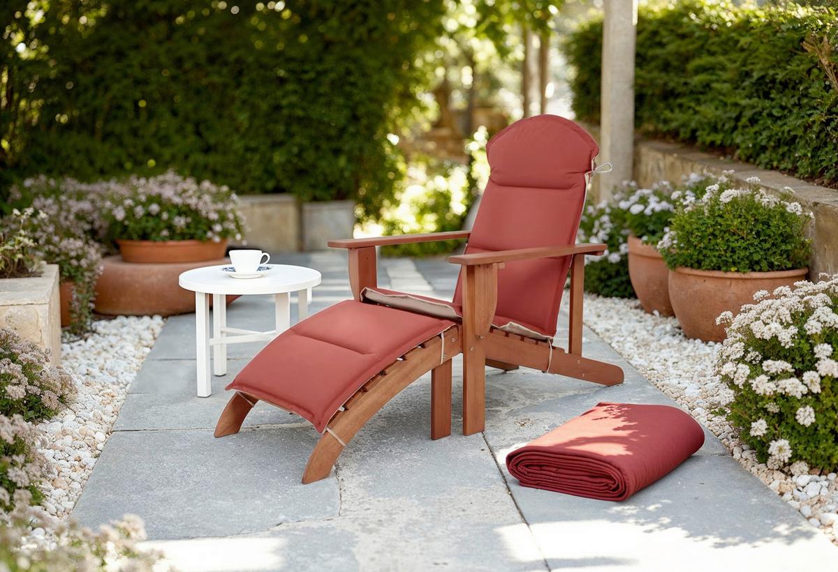 Sonnenliege Harper Holz ca. 142x70x93 cm Rot/Weiß - Eukalyptusholzfarben/Rot, Basics, Holz (142/70/93cm) - Gardenson