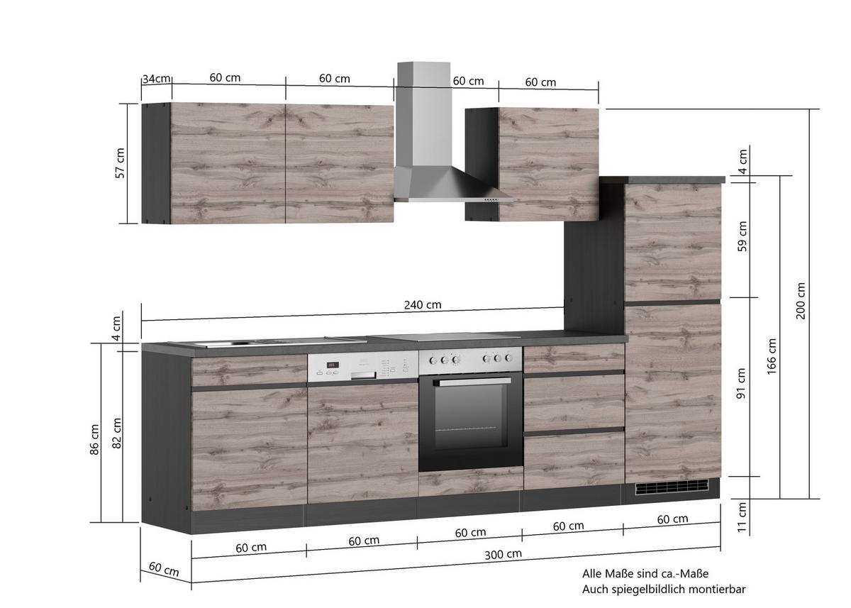 Küchenblock Turin mit Geräten ca. 300 cm Eiche/Grau - Eiche Wotan/Graphitfarben, Design, Holzwerkstoff (300cm) - Held