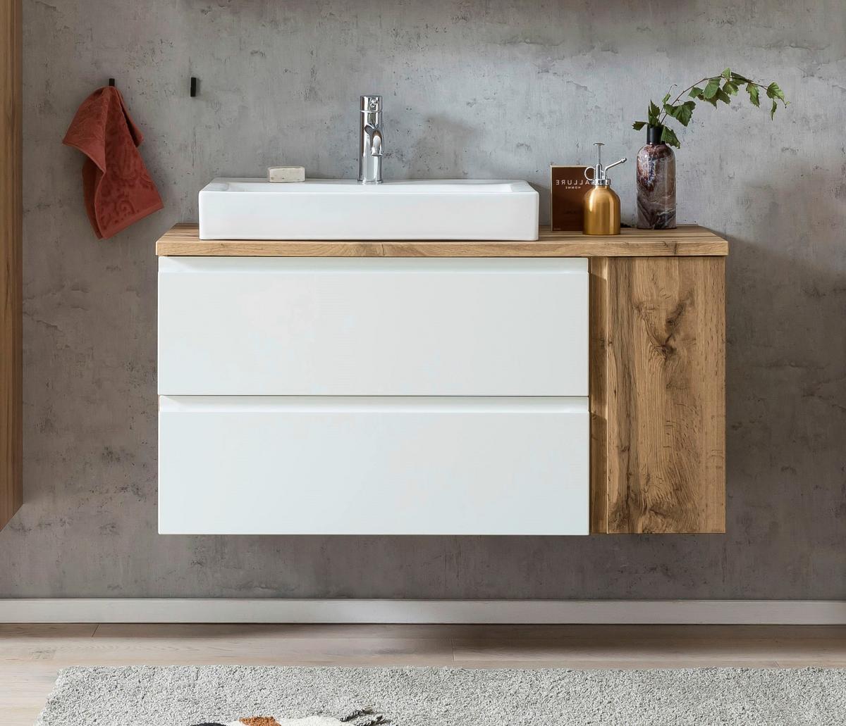 Waschtischkombi ''Varese'', Weiß/Eiche Wotan - Eiche Wotan/Weiß, MODERN, Keramik/Holzwerkstoff (105cm) - Held