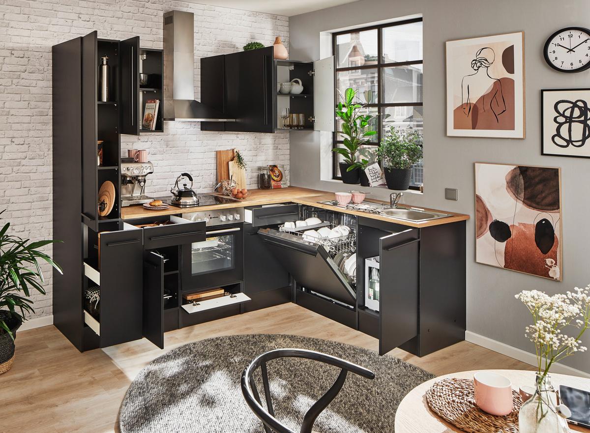 Eckküche Jazz mit Geräten ca.250x175cm Schwarz - Eichefarben/Schwarz, LIFESTYLE, Holzwerkstoff/Kunststoff (250/175cm) - P & B