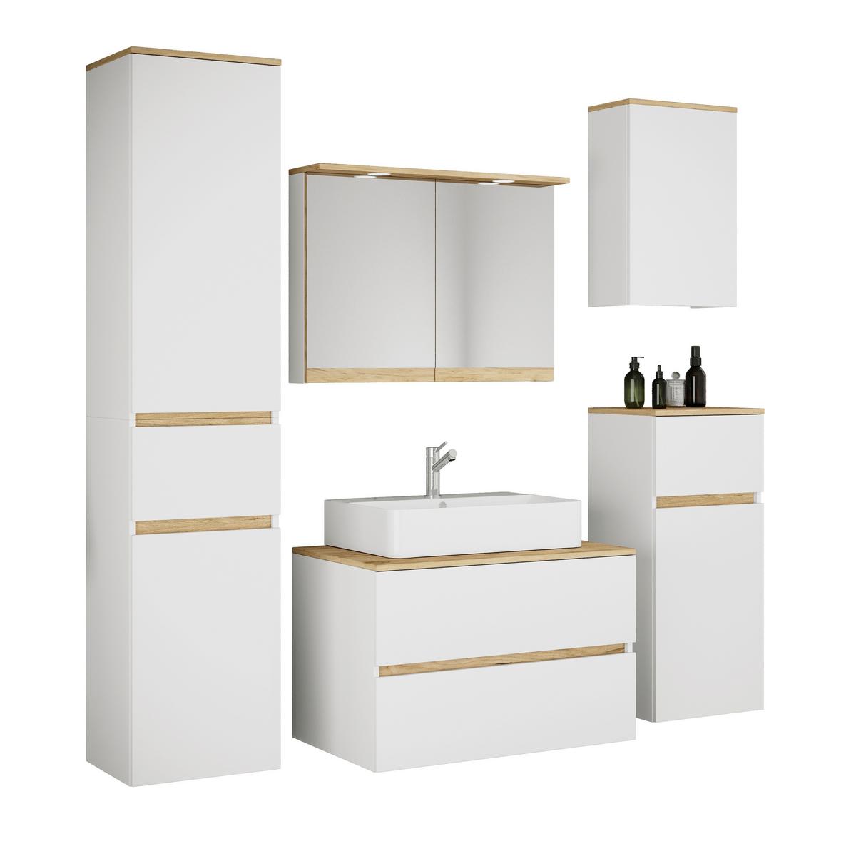 Badezimmer Cosila - Honigeiche/Weiss, Trend, Keramik/Holzwerkstoff (160cm) - MID.YOU