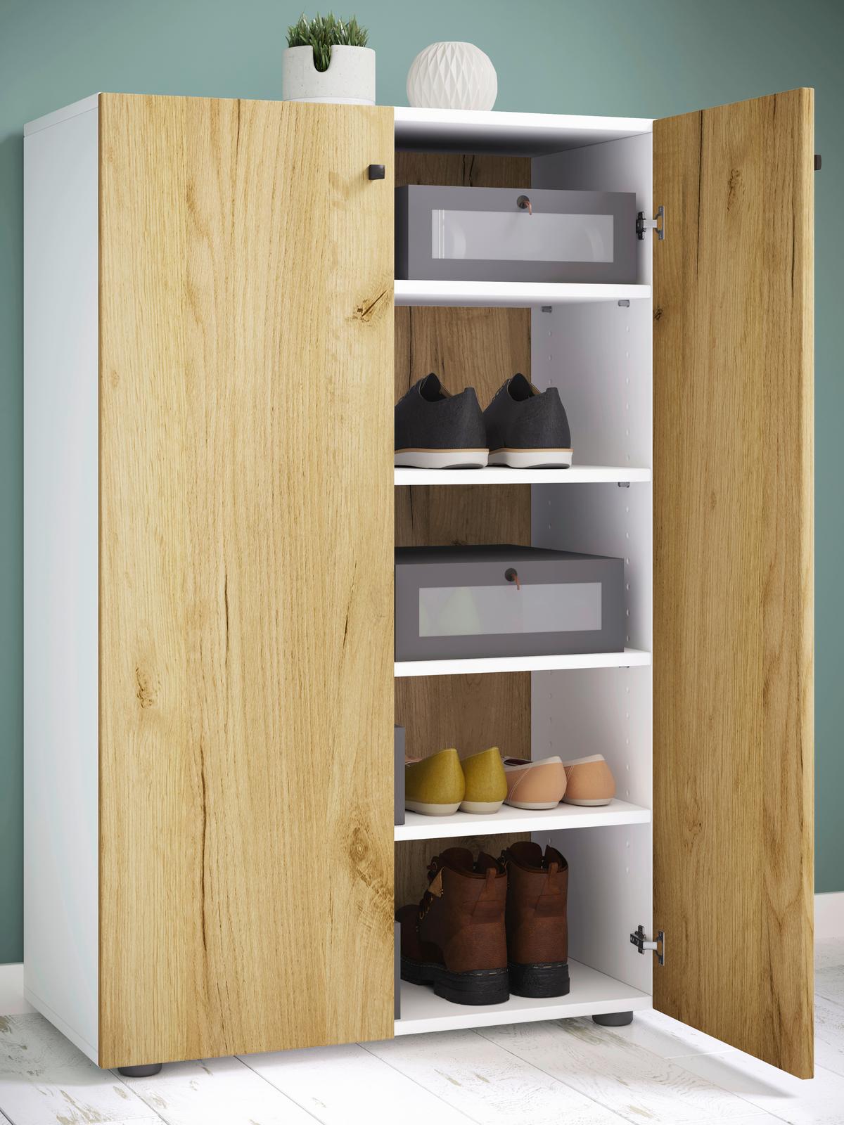 Schuhschrank LONA Weiß/ Honigeiche ca. 70x110x39cm - Honigeiche/Silberfarben, Design, Holzwerkstoff/Kunststoff (70/110/39cm) - MID.YOU