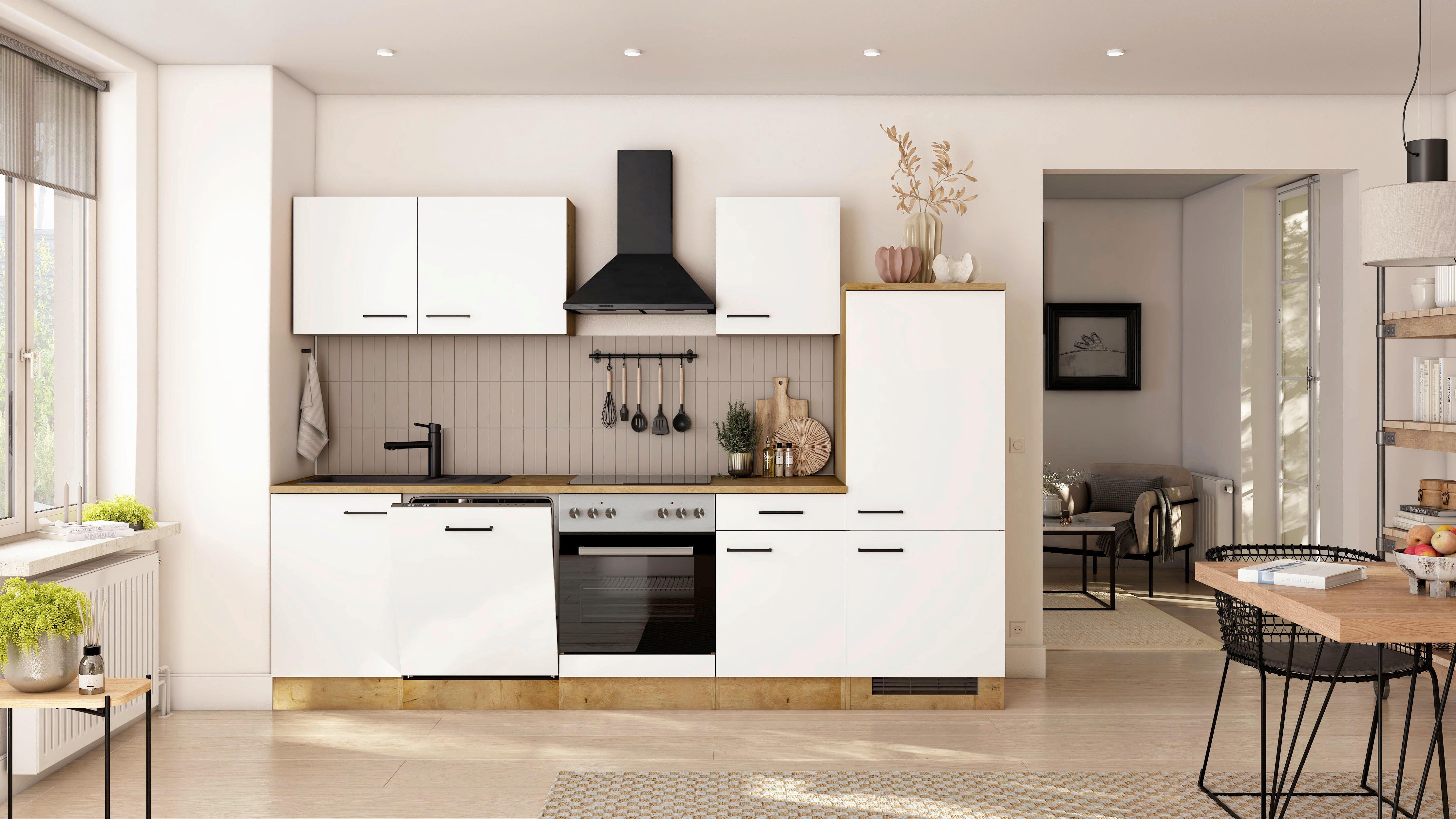 Küchenblock Avila m. Geräten Magnolie - Eichefarben/Magnolie, Trend, Holzwerkstoff/Metall (280cm) - FlexWell