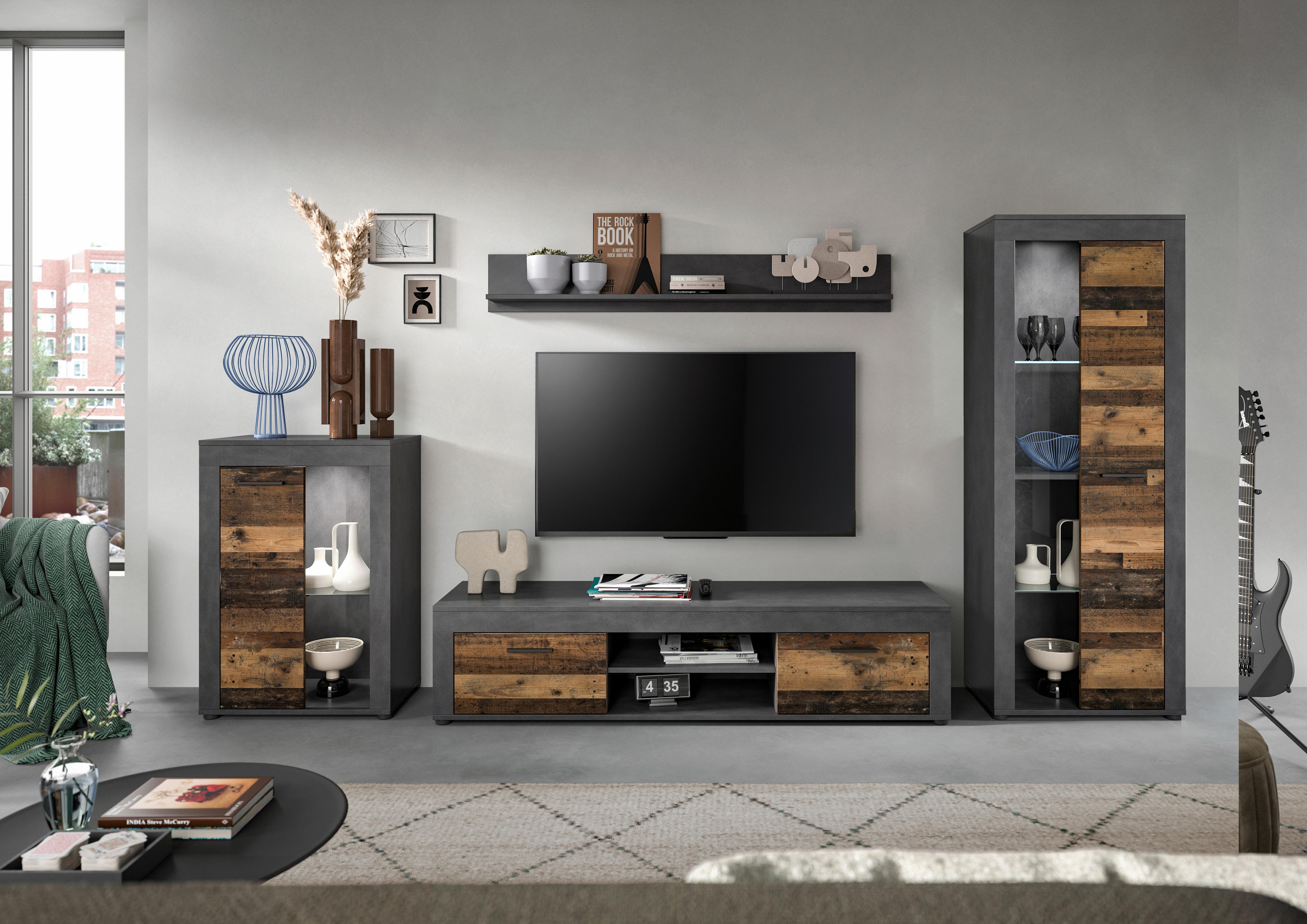 Ansamblu mobilier camera de zi JAM - culoare natur/gri, Design, sticlă/material pe bază de lemn (310/169/35cm) - Modern Living