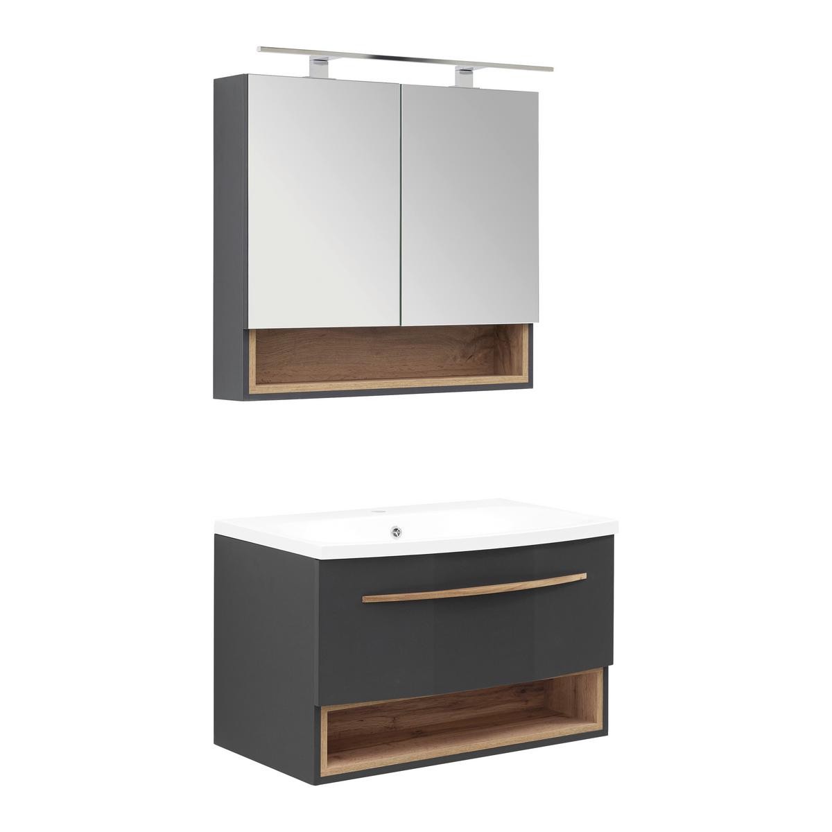 Waschtischkombi "Atlanta" mit Waschbecken & Spiegelschrank - Weiss/Dunkelgrau, Modern, Holz (80/180/50cm) - Bessagi Home
