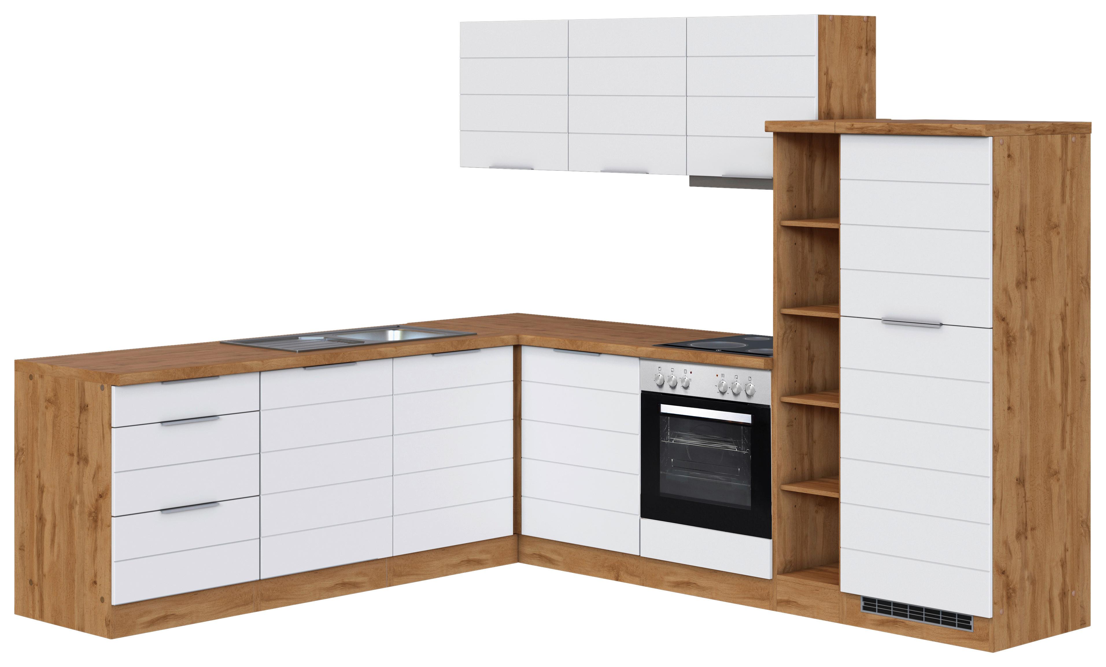 Eckküche Florenz mit Geräten ca. 240x270 cm Weiß/Eiche - Eiche Wotan/Weiß, Design, Holzwerkstoff/Metall (240/270cm) - Held