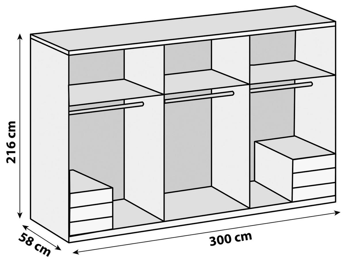 Drehtürenschrank Level 36D mit Laden ca. 300 cm Weiß/Eiche - Chromfarben/Weiß Hochglanz, MODERN, Holzwerkstoff/Metall (300/216/58cm) - MID.YOU