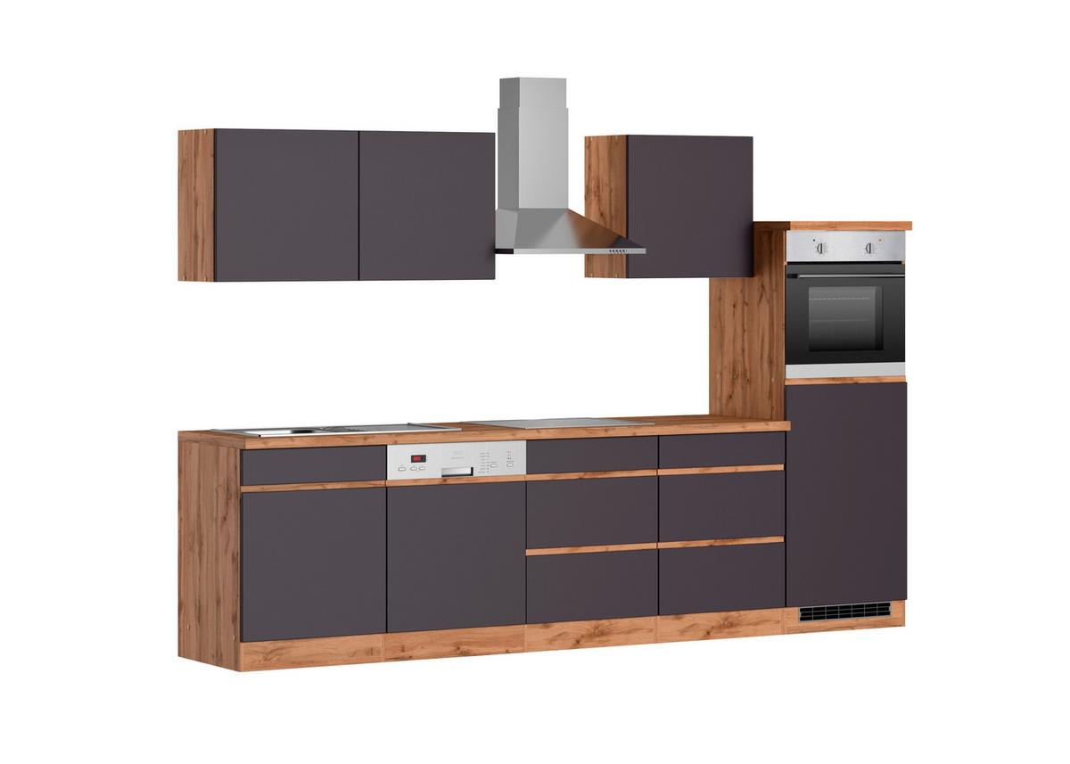Küchenzeile Turin mit Geräten ca. 300 cm Grau/Eiche - Eiche Wotan/Grau, Design, Holzwerkstoff (300cm) - Held