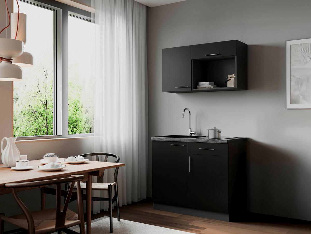 Miniküche Oliver m. Gerät ca. 100cm Schwarz - Schwarz/Grau, Trend, Holzwerkstoff/Metall (100cm) - Respekta
