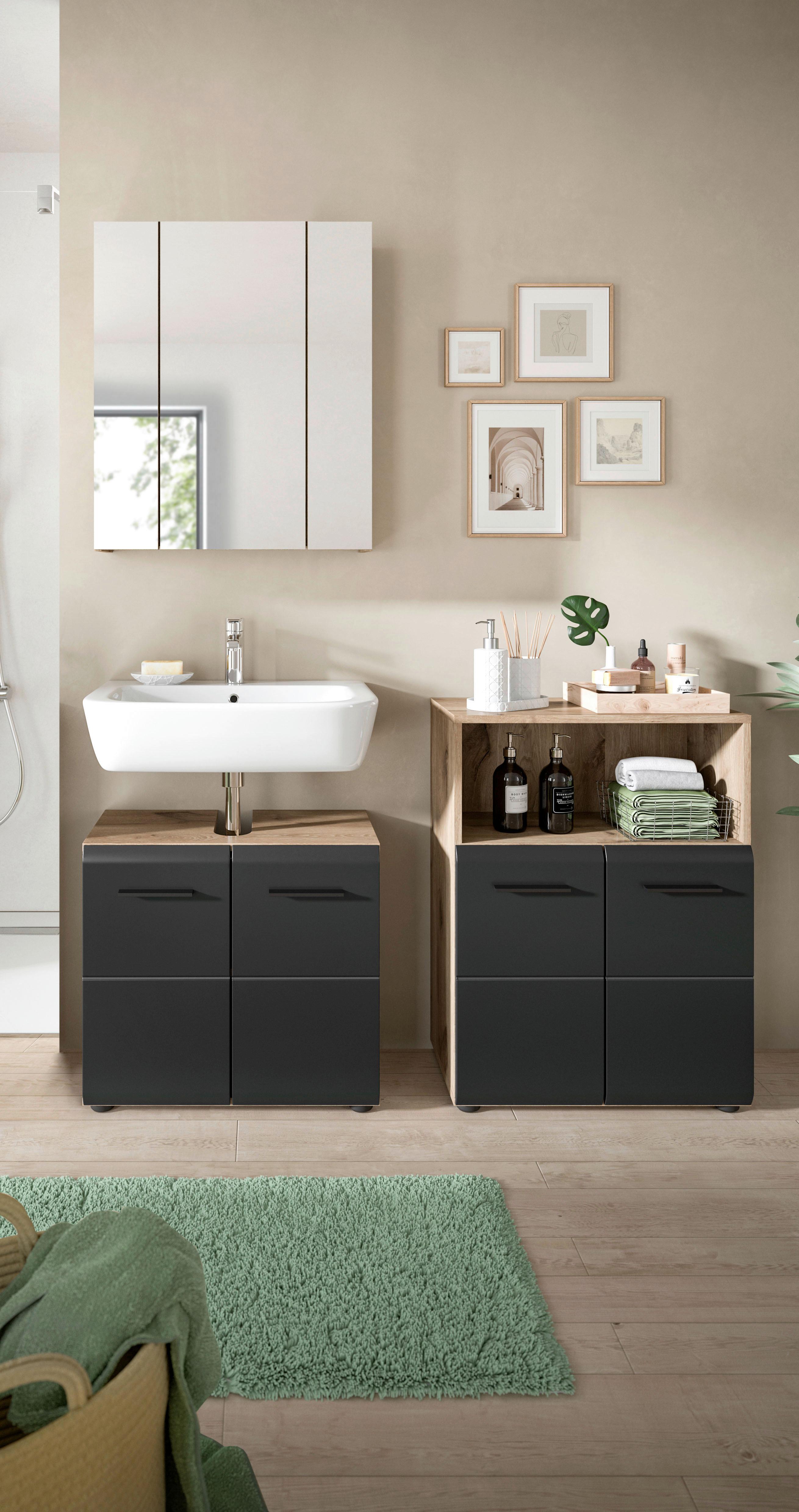 Badezimmer Ice 3-tlg. Schwarz/Eiche dunkel - Eiche dunkel/Schwarz, Basics, Holzwerkstoff/Kunststoff (120cm) - MID.YOU