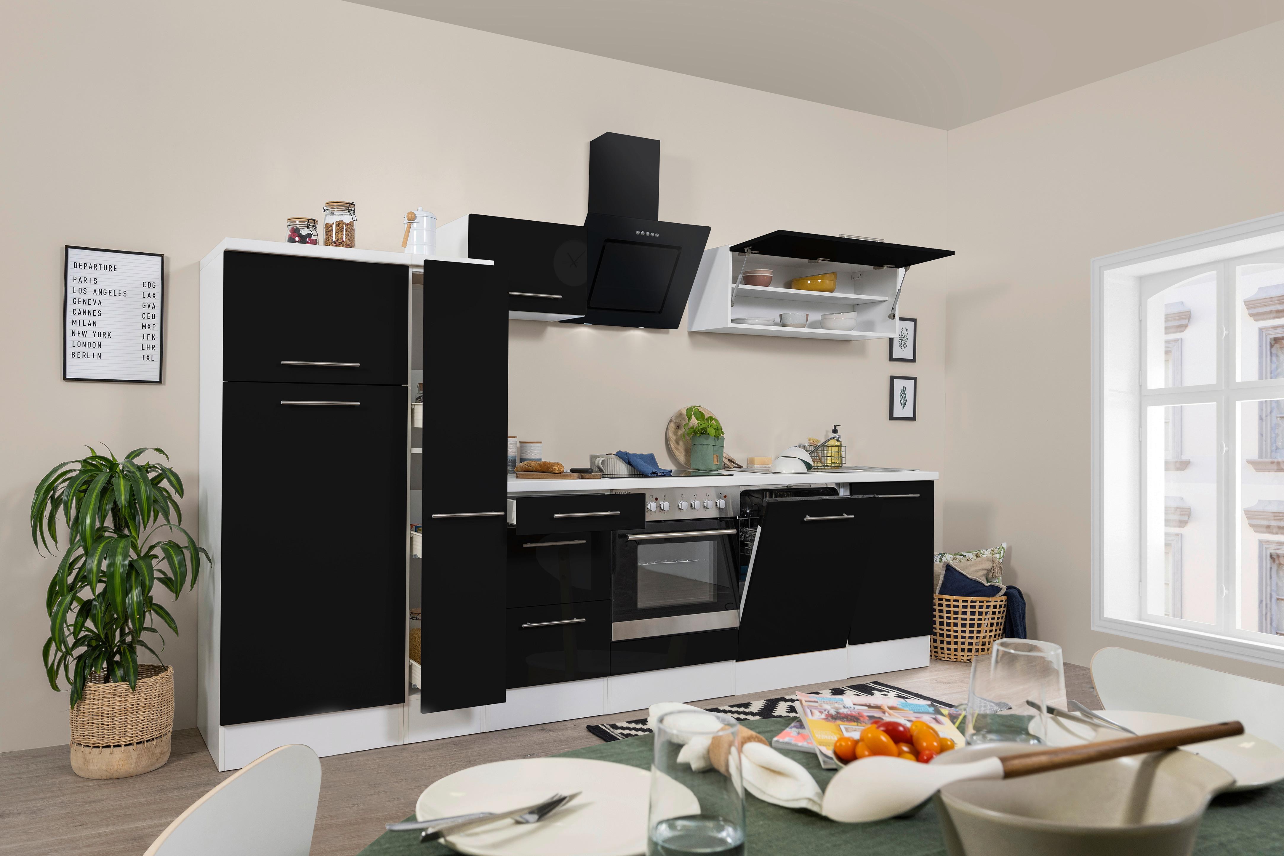 Küchenzeile mit Geräte Schwarz Hochglanz/Weiß B: ca. 310 cm - Edelstahlfarben/Schwarz, KONVENTIONELL, Holzwerkstoff/Metall (310cm) - Respekta