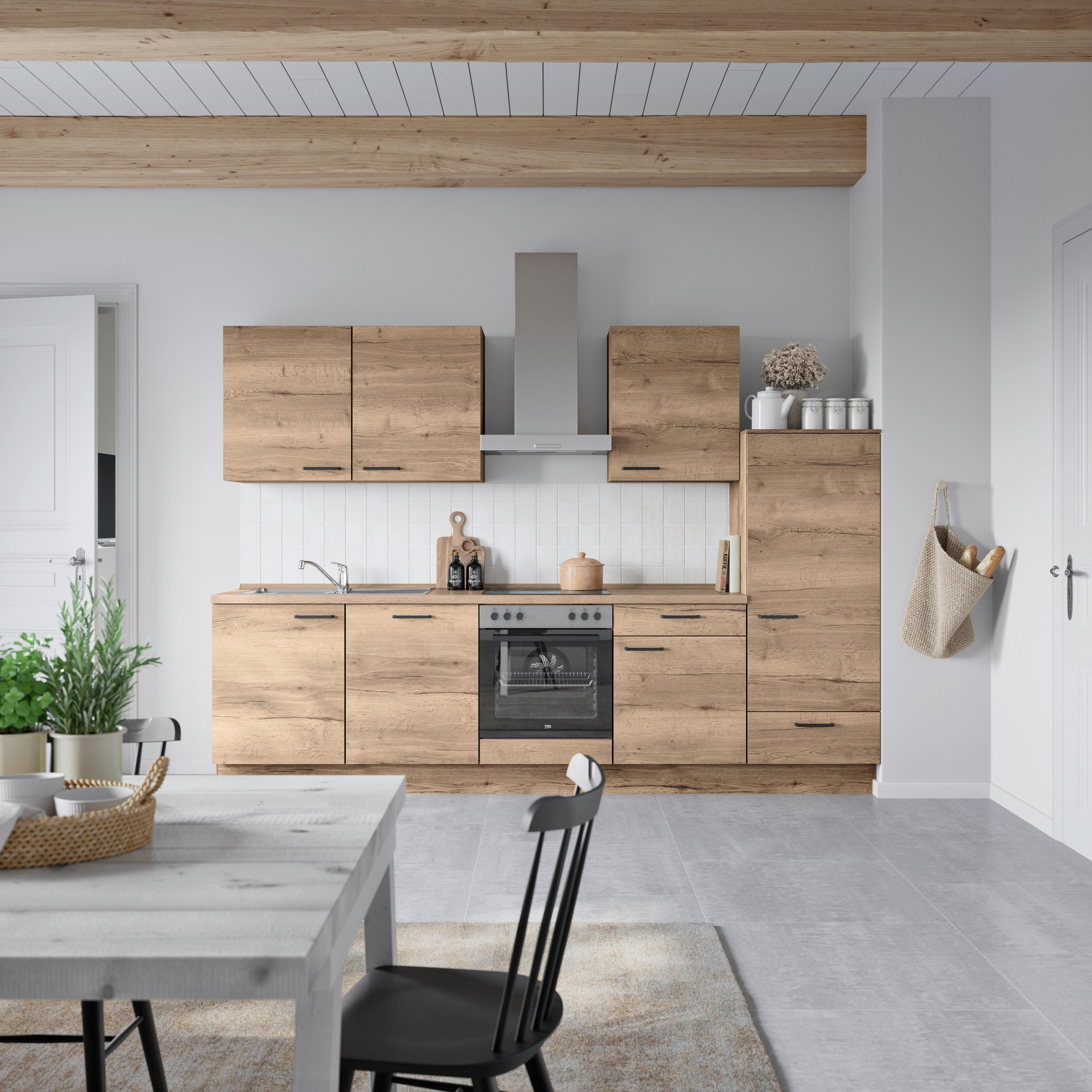 Küchenblock Structura Low m. Geräten Eiche dunkel - Eiche dunkel/Eichefarben, MODERN, Holzwerkstoff/Metall (300cm) - Nobilia