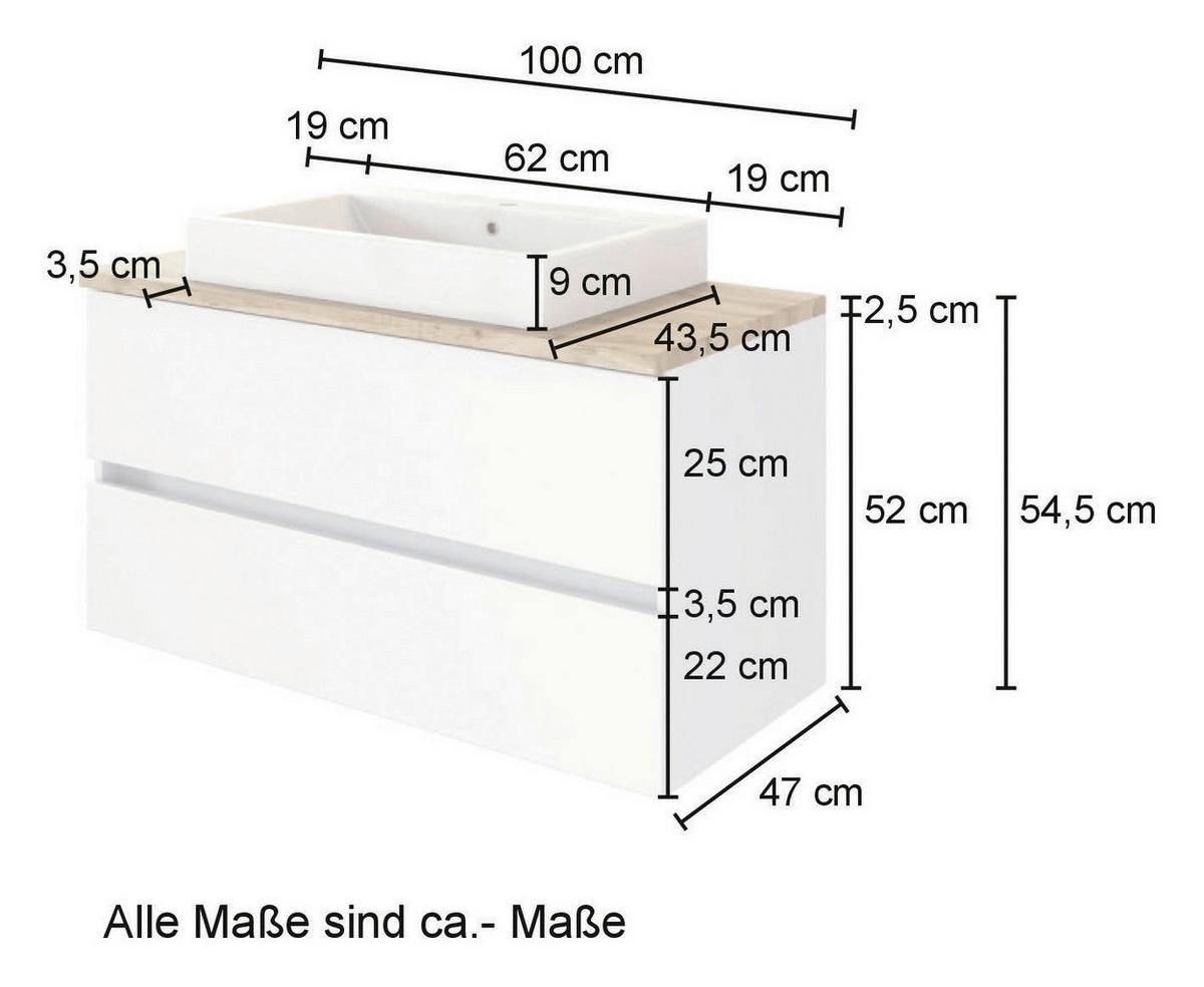 Waschtischkombi ''Pienza'', Eiche Wotan - Eiche Wotan/Weiß, MODERN, Keramik/Holzwerkstoff (100cm) - Held