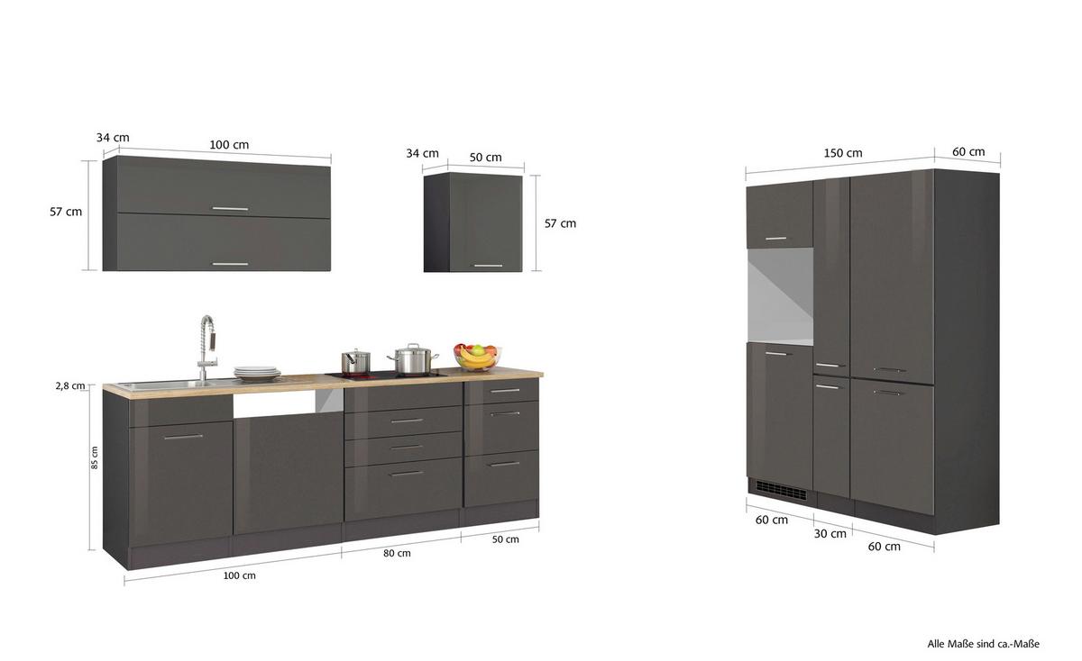 Küchenleerblock Mailand o. Geräte Graphitfarben - Silberfarben/Graphitfarben, MODERN, Holzwerkstoff/Metall (390cm) - Held