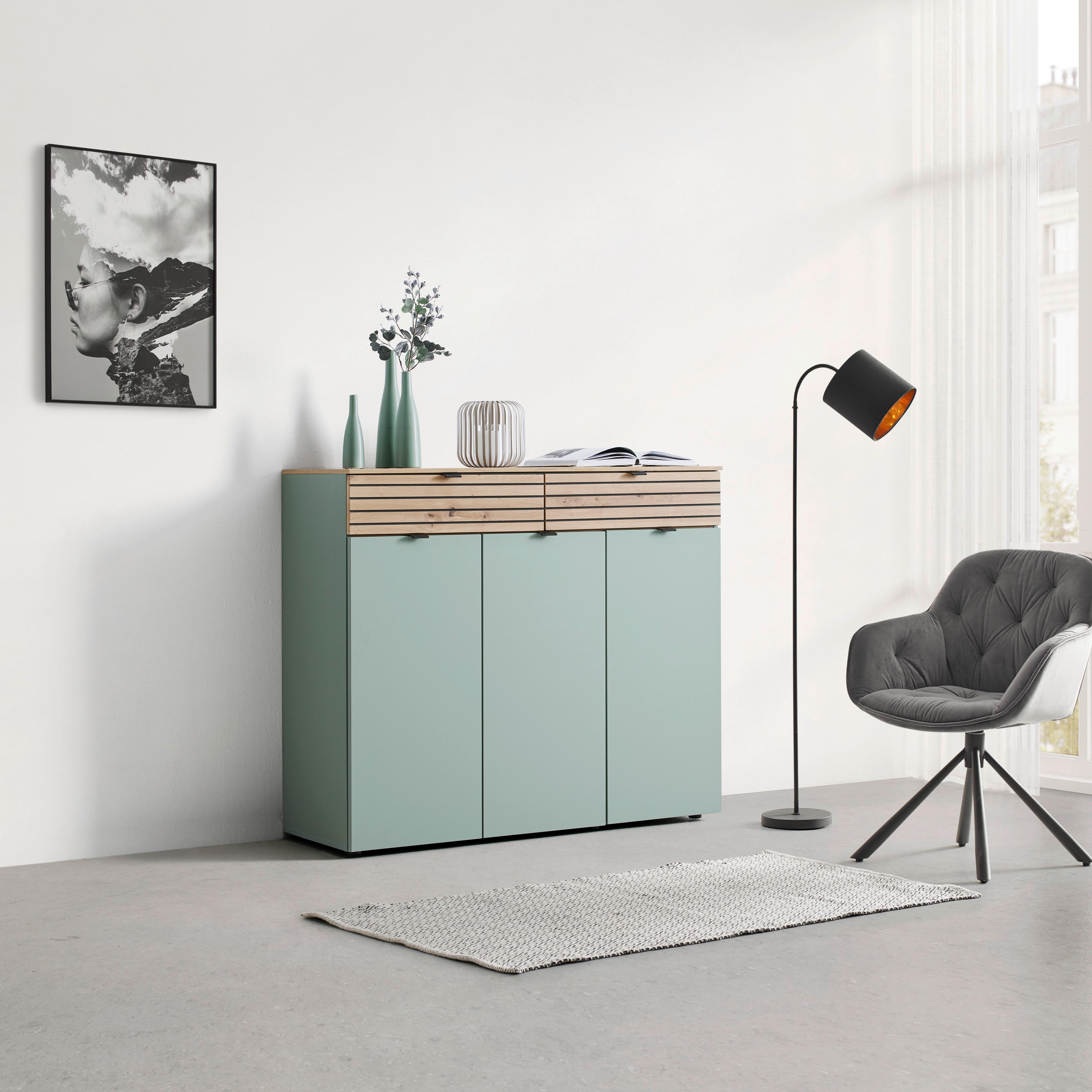 Kommode Bahia-M Grün/Eiche Artisan - Schwarz/Eiche Artisan, MODERN, Holzwerkstoff/Metall (122/101/41cm) - Mömax