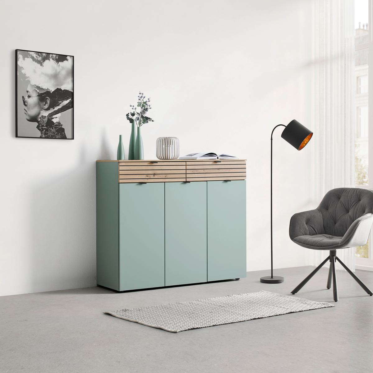Kommode Bahia-M Grün/Eiche Artisan - Schwarz/Eiche Artisan, Modern, Holzwerkstoff/Metall (122/101/39cm) - Mömax