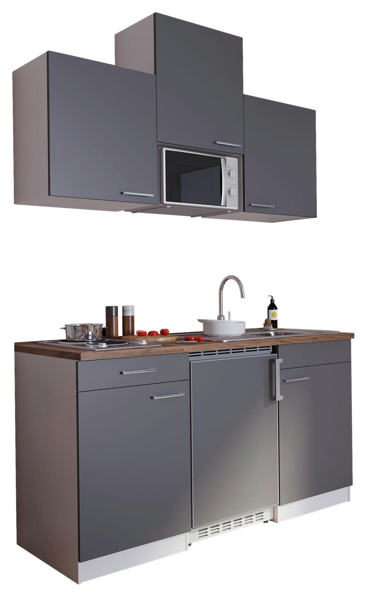 Miniküche Economy m. Geräten Grau B: ca. 150 cm - Edelstahlfarben/Nussbaumfarben, Basics, Holzwerkstoff/Kunststoff (150cm) - Respekta