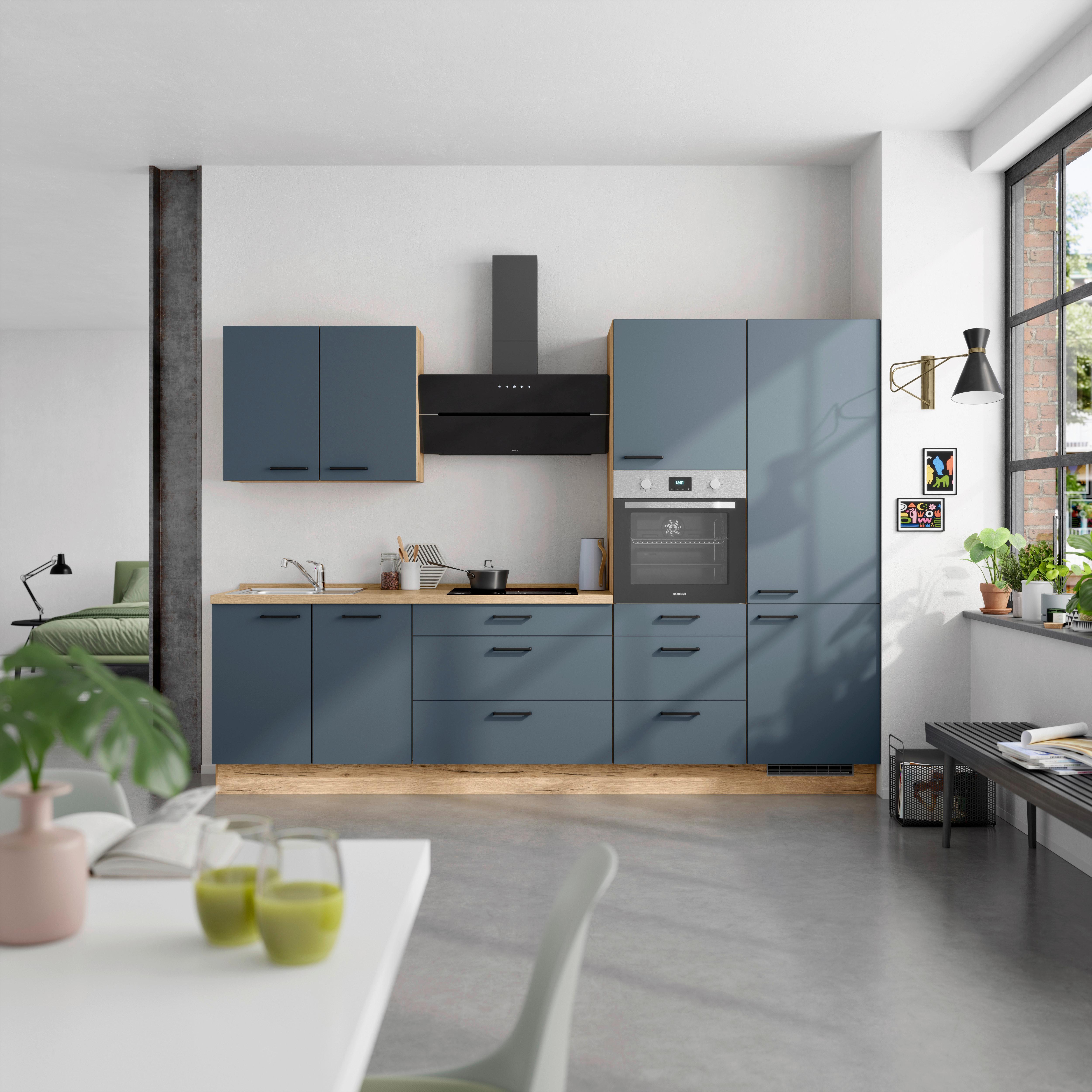 Küchenblock Easytouch High m. Geräten Dunkelblau - Eichefarben/Schwarz, MODERN, Holzwerkstoff/Metall (300cm) - Nobilia