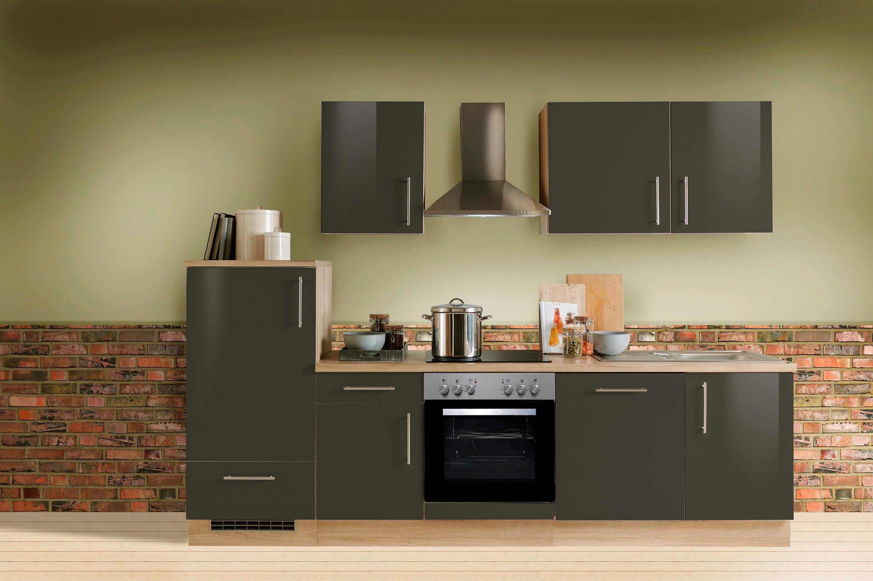 Menke Küchenblock Premium Dunkelbraun/Eiche ca. 280 cm - Dunkelbraun/Silberfarben, KONVENTIONELL, Holzwerkstoff/Metall (280cm) - Menke