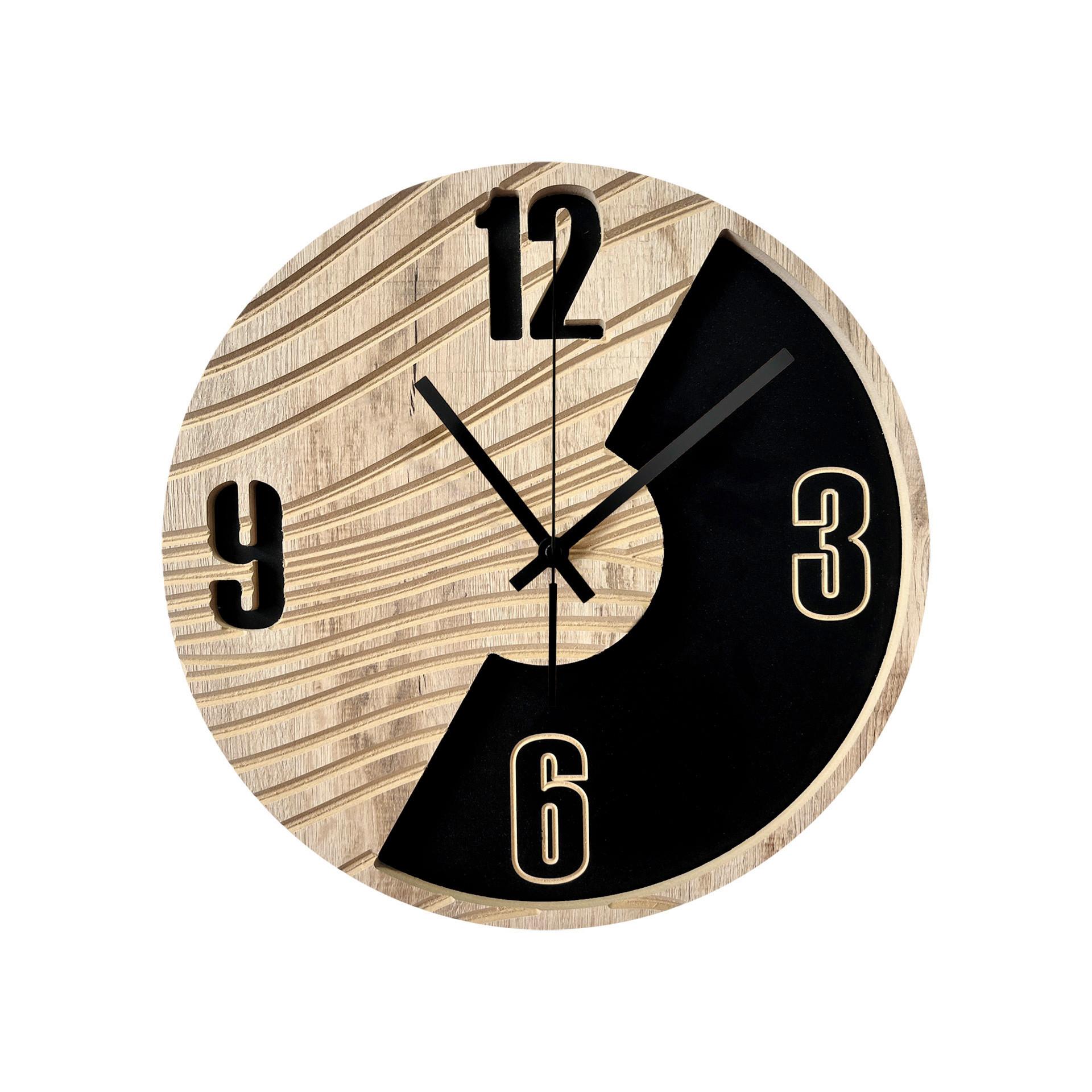 Wanduhr Schwarz/Eichefarben Ø ca. 36cm - Eichefarben/Schwarz, Basics, Holz/Kunststoff (36cm)