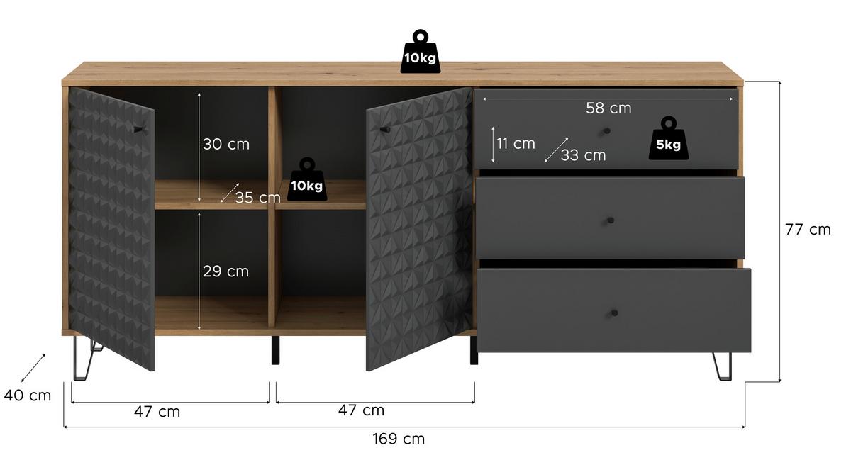 Sideboard Prisma Anthrazit/Eiche Artisan - Anthrazit/Schwarz, Design, Holzwerkstoff/Kunststoff (170/76/40cm) - Livetastic