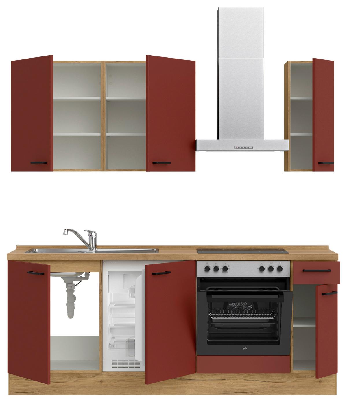 Küchenblock Easytouch Low m. Geräten Dunkelrot - Eichefarben/Schwarz, MODERN, Holzwerkstoff/Metall (210cm) - Nobilia